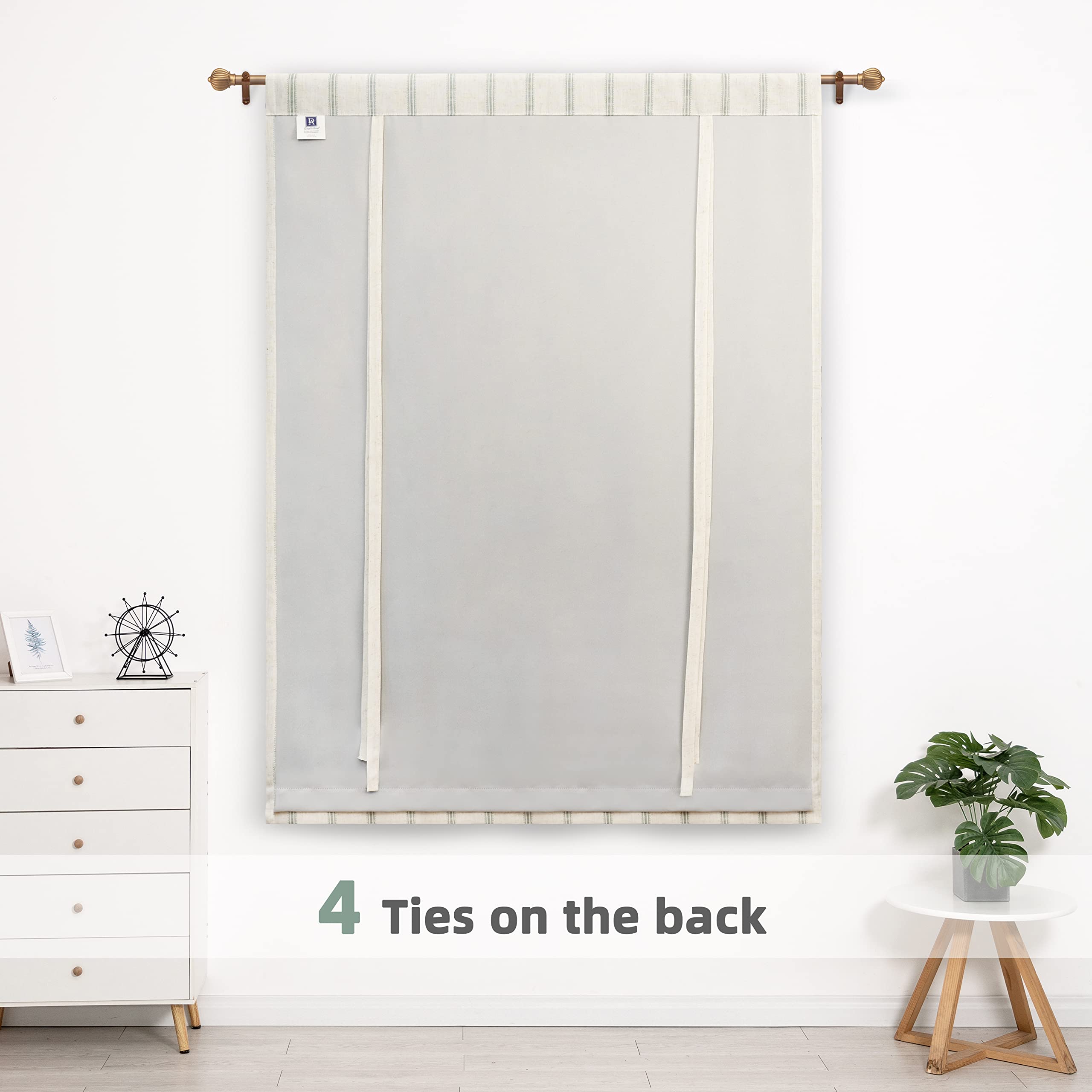 Thermal Insulated Blackout Curtains 45x63 Inch - Farmhouse Double Layer Linen Tie-Up Roman Shades with Adjustable Rod Pocket, Green Vertical Striped for Bathroom & Bedroom Windows - Energy Saving & Light Blocking Window Treatment for Home Decor
