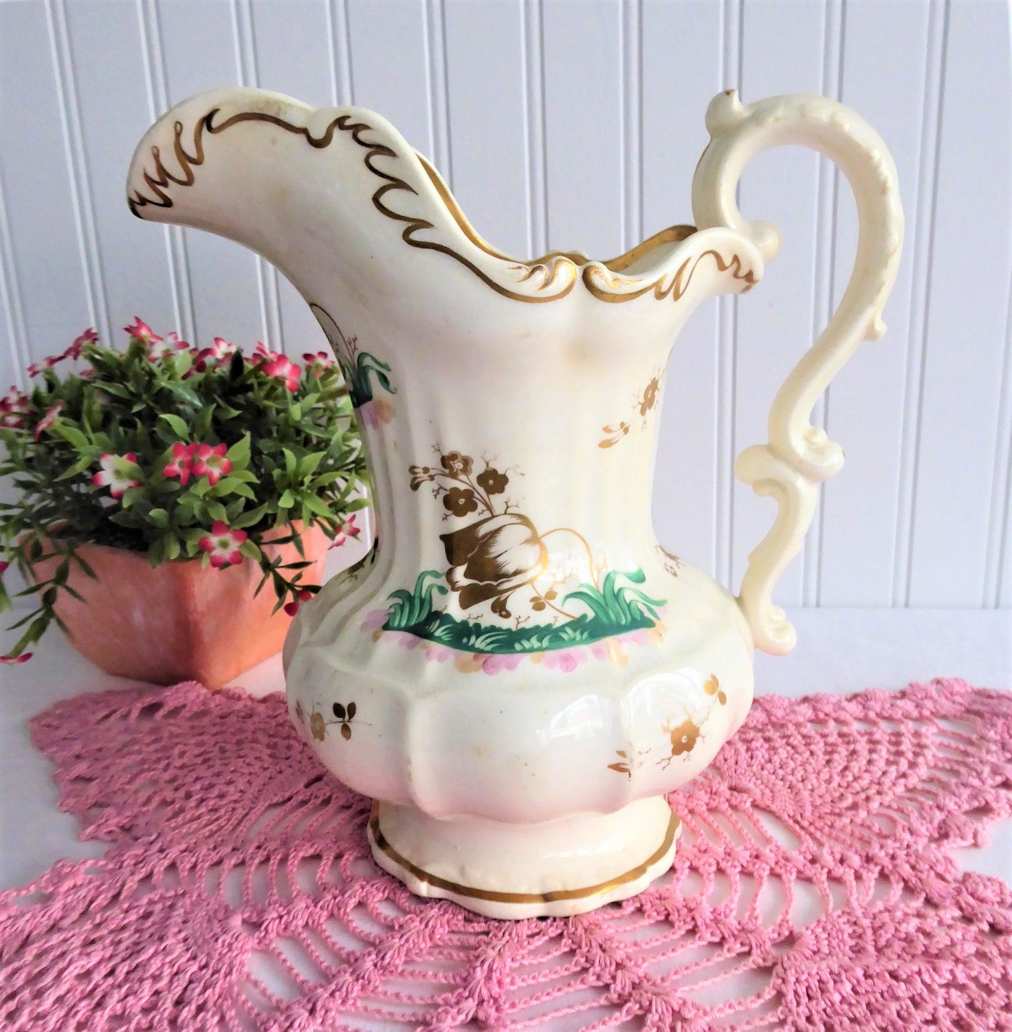 Antique Victorian French Porcelain Pitcher - Large 19th Century Gold Tulip Design - Perfect for Home Decor, Tea Service & Vintage Collection