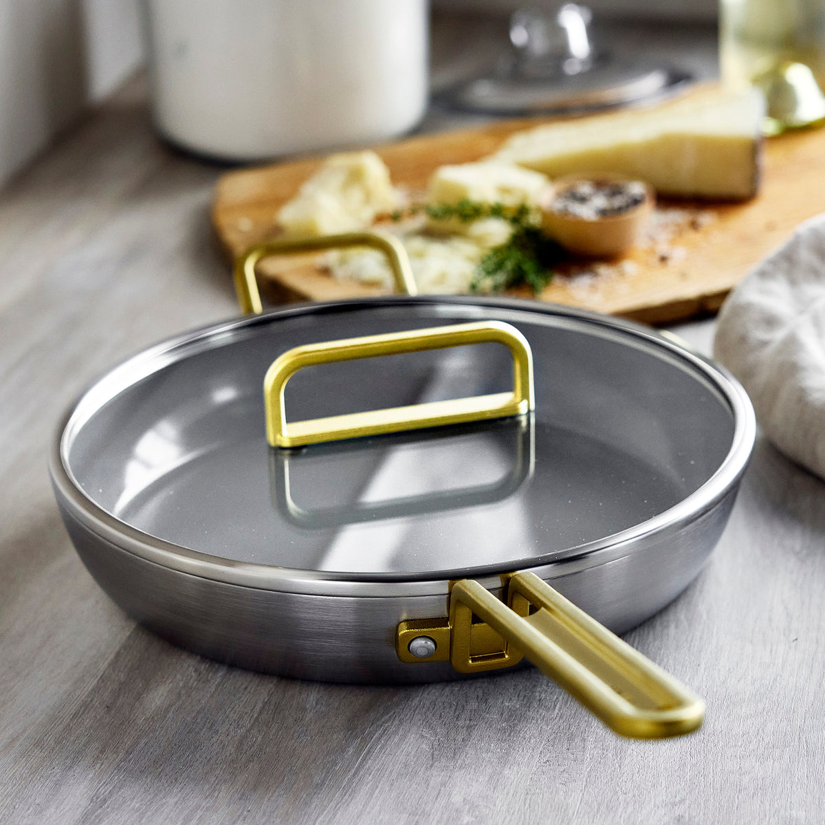 Stanley Tucci™ 12-Inch Stainless Steel Ceramic Nonstick Fry Pan with Lid - Champagne Handle - Perfect for Sautéing, Frying & Cooking Family Meals