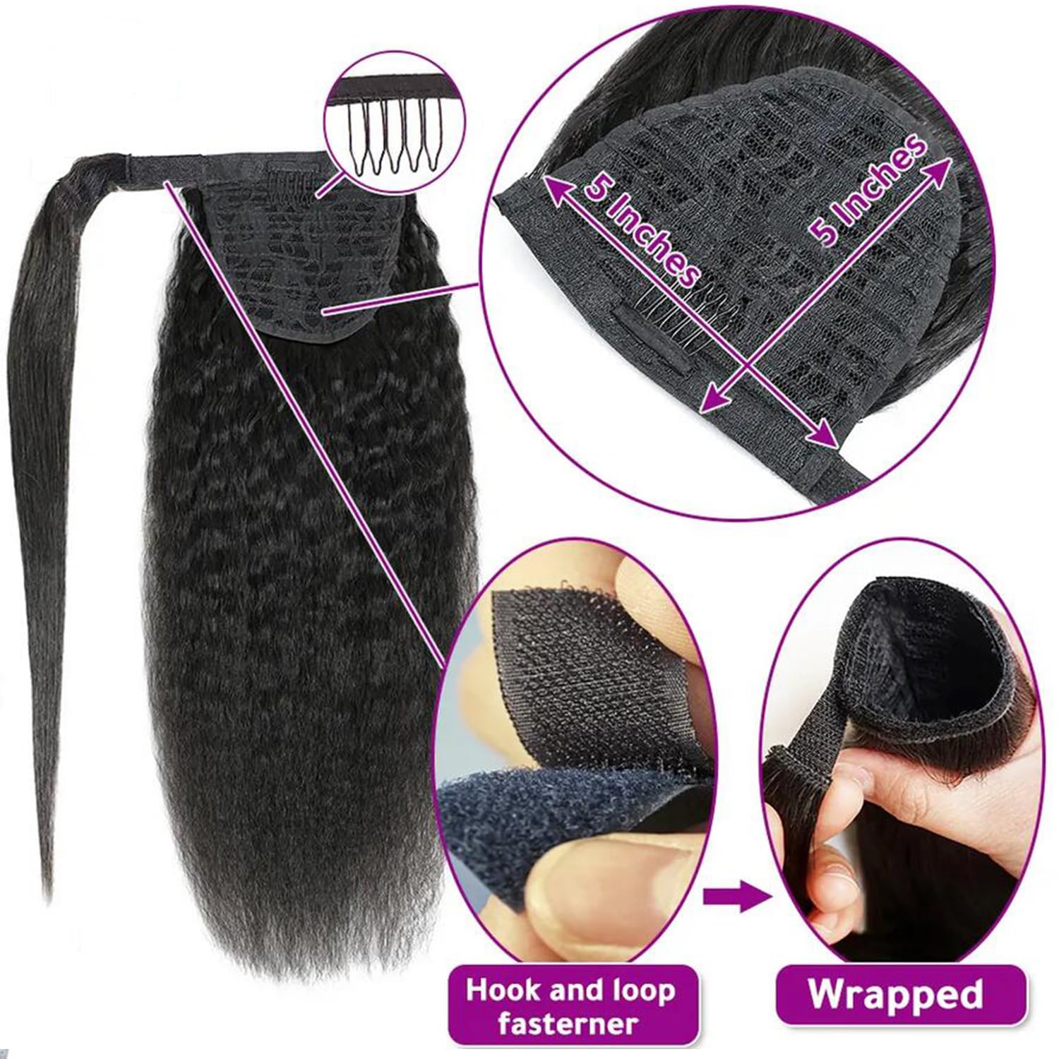 22 Inch Long Wrap Around Kinky Straight Human Hair Ponytail - 100% Yaki Straight Human Hair Extension with Clips & Magic Paste Binding - Perfect for Women's Daily Wear, Parties, and Special Occasions
