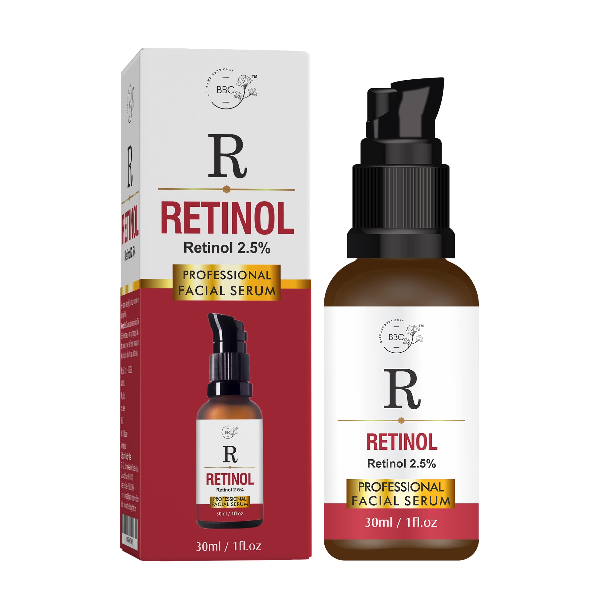 BATH AND BODY CHEF - 2.5% Retinol Serum for Face with RETINOATE, Vitamin E & Lecithin | Anti-Aging Treatment for Wrinkles & Fine Lines | 30ml | Perfect for Nighttime Skincare Routine