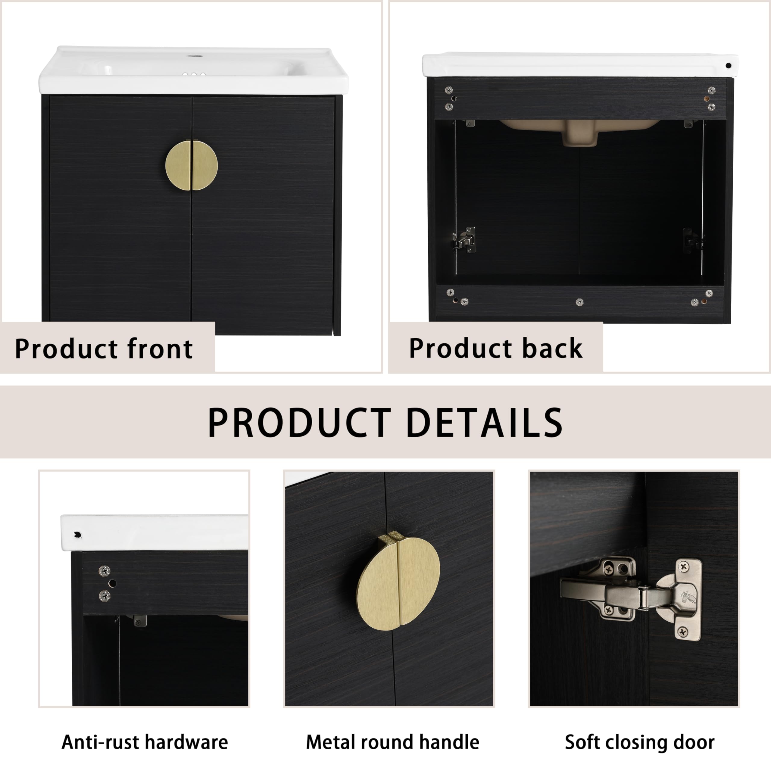 Modern 60-Inch Double Sink Floating Bathroom Vanity Set with Ceramic Sinks, Middle Storage Shelf & 2 Cabinets - Black Gold Finish | Perfect for Contemporary Bathrooms, Master Suites & Space-Saving Small Bathroom Designs