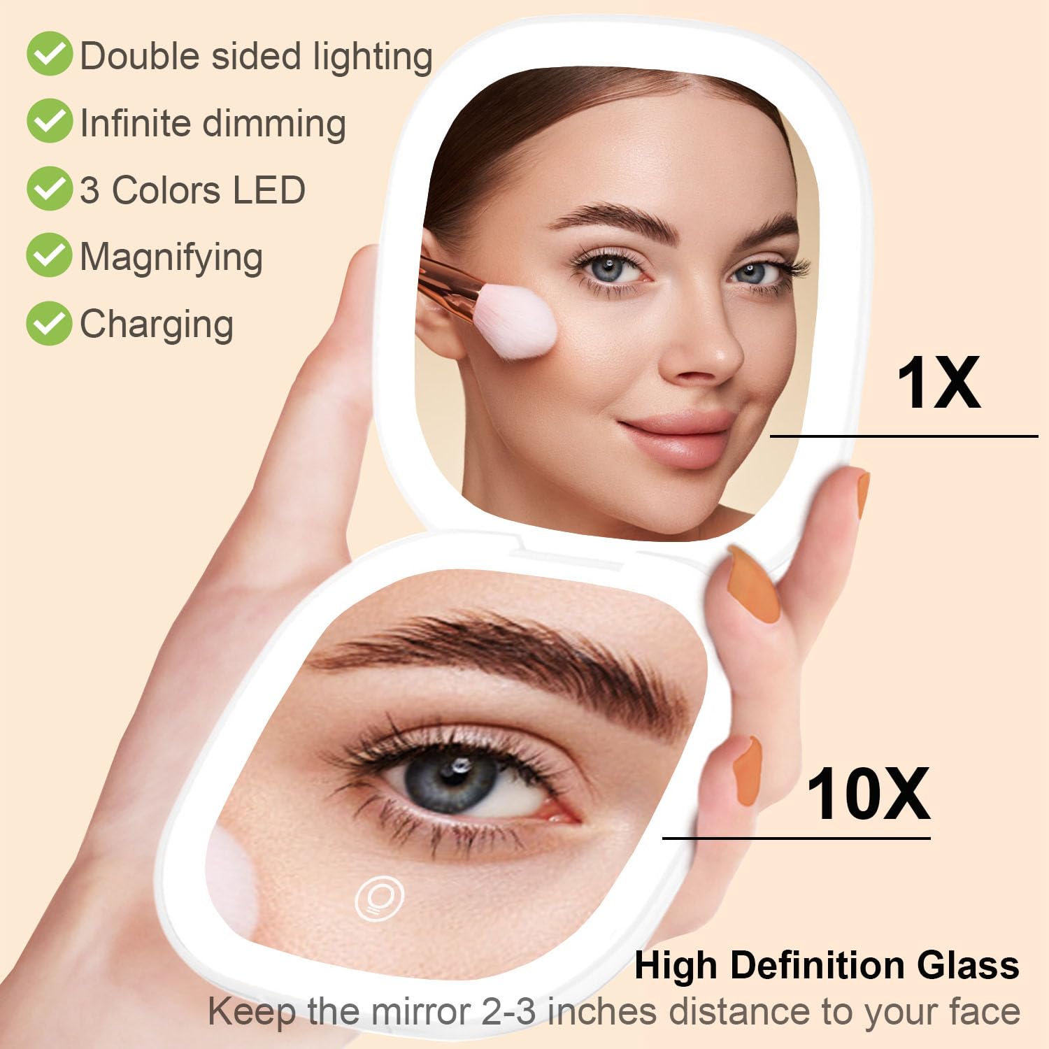10X Magnifying Makeup Mirror with LED Lights - Rechargeable 2-Sided Travel Mirror with 3 Color Modes, Touch Control & USB-C Charging | Perfect for Home Vanity, Travel & Professional Makeup Artists (Cyan)
