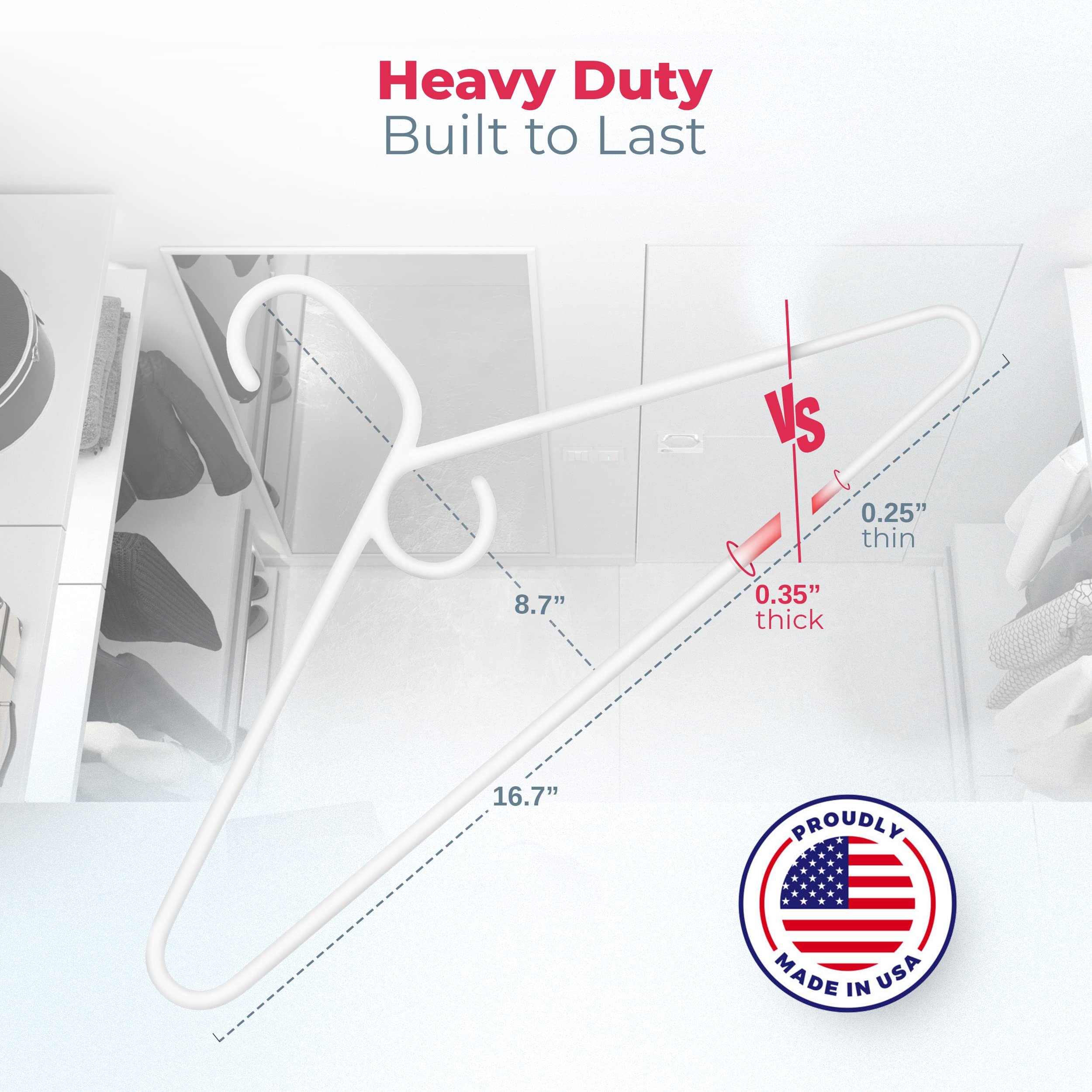 USA Made Heavy Duty Plastic Clothes Hangers Bulk Pack - 20/30/50/100 Pack Options - Strong Thick Plastic Coat Hangers for Jackets & Closet Organization - Durable Wardrobe Essentials (72pk White) - Perfect for Retail Stores, Laundry Rooms & Home Closet Storage