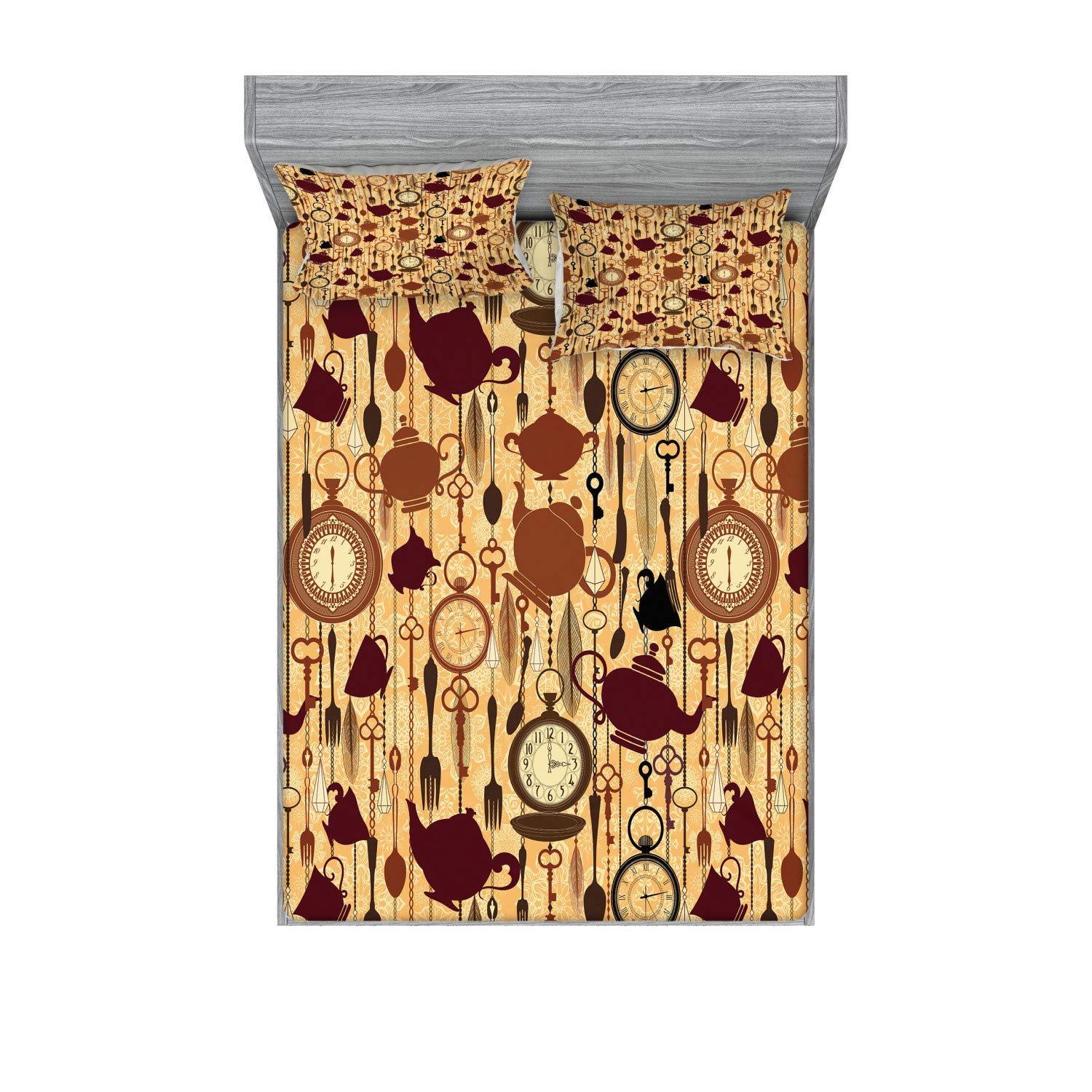 Ambesonne Victorian Style Tea Party 3-Piece Bedding Set - Queen Size Fitted Sheet & Pillow Sham with Breakfast Teacup Forks Spoons Chain Print in Brown Redwood | Perfect for Themed Bedrooms, Vintage Decor, and Cozy Tea-Lovers' Retreats