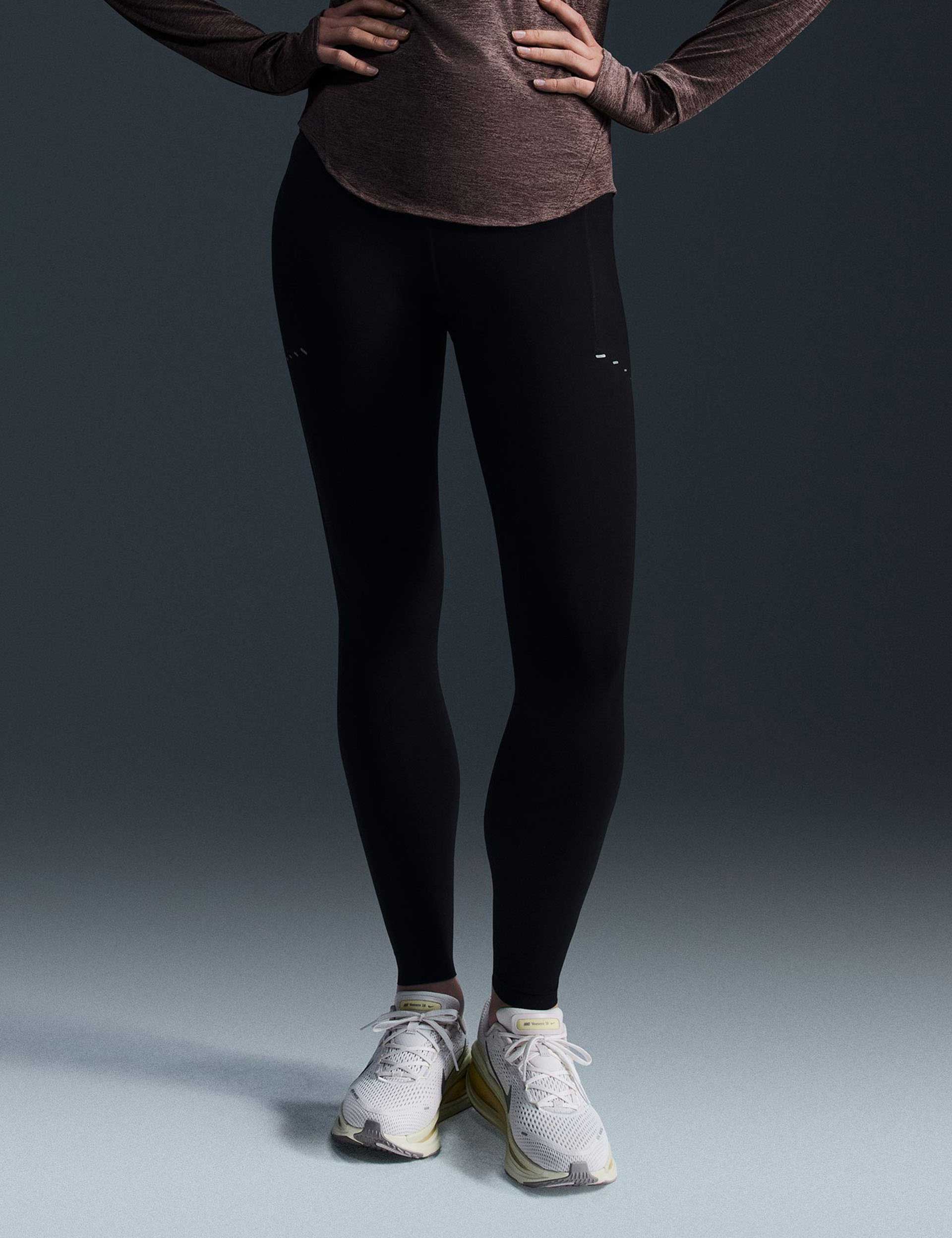 Swift High Waisted 7/8 Running Leggings with Pockets - Black/Reflective Silver | Women's Athletic Yoga Pants for Jogging, Gym Workouts & Outdoor Activities