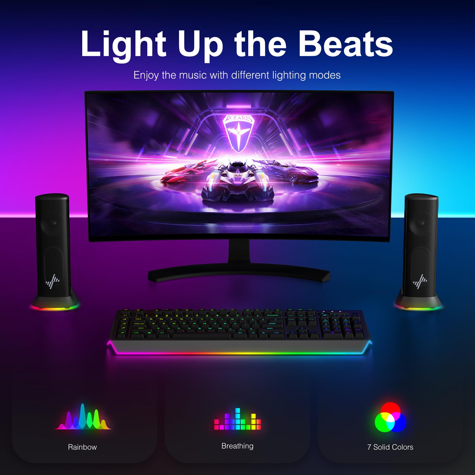 Nylavee Computer Speakers with 9 LED Lighting Modes, 2 Full-Range Speakers & Bass Boost - USB/Type-C & 3.5mm Aux for PC, Laptop, Gaming | Perfect for Home Office, Streaming & Desktop Entertainment