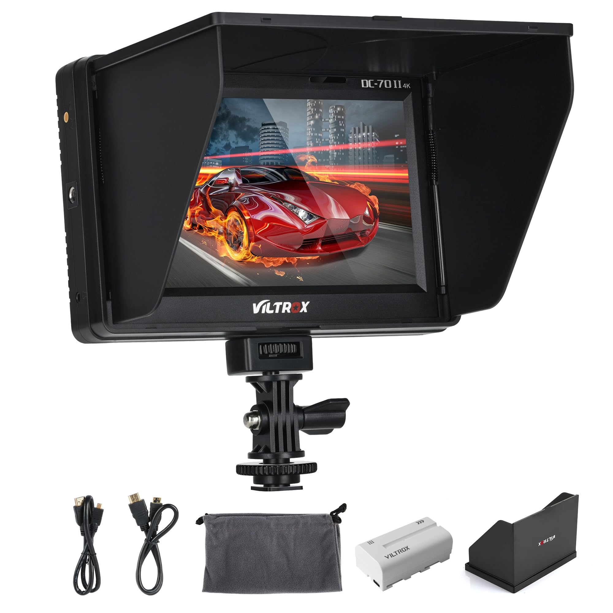 VILTROX DC-70 II 7 Inch 4K HDMI Camera Field Monitor with Sunshade Hood & Battery - Peaking Focus Assist, AV Input/Output for DSLR Cameras & Camcorders - Perfect for Outdoor Filming, Studio Production & Video Blogging