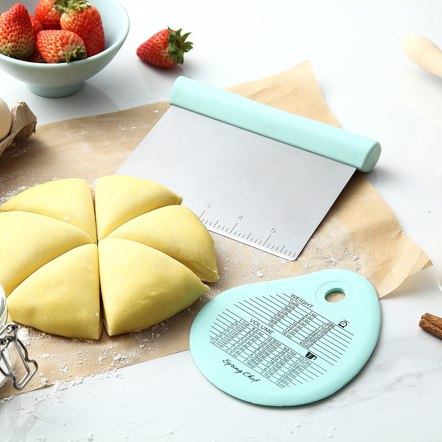 Spring Chef Stainless Steel Bench Scraper & Dough Cutter - Multi-Purpose Kitchen Tool for Baking Pizza, Bread, Pies - Pastry Scraper with Measurement Markings - Perfect for Home Bakers & Professional Chefs (Mint Green)