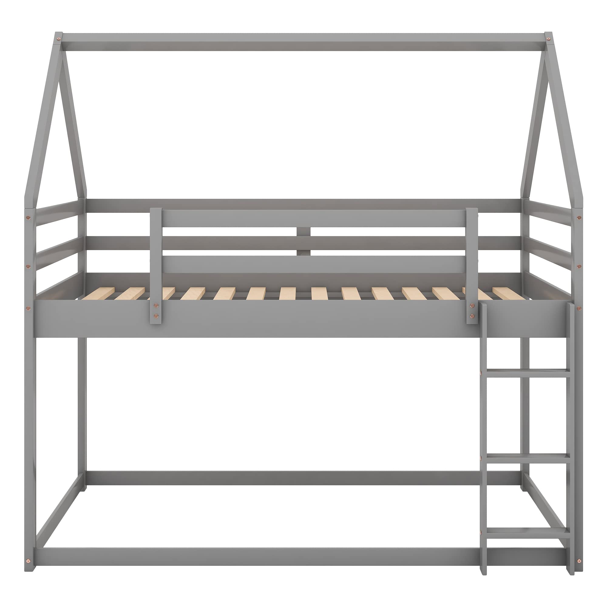 Wooden House Bunk Bed Twin Over Twin with Ladder - Kids Bunk Bed Frame for Boys & Girls, Toddler to Teens - Grey | Space-Saving Loft Bed for Small Bedrooms & Shared Kids Rooms