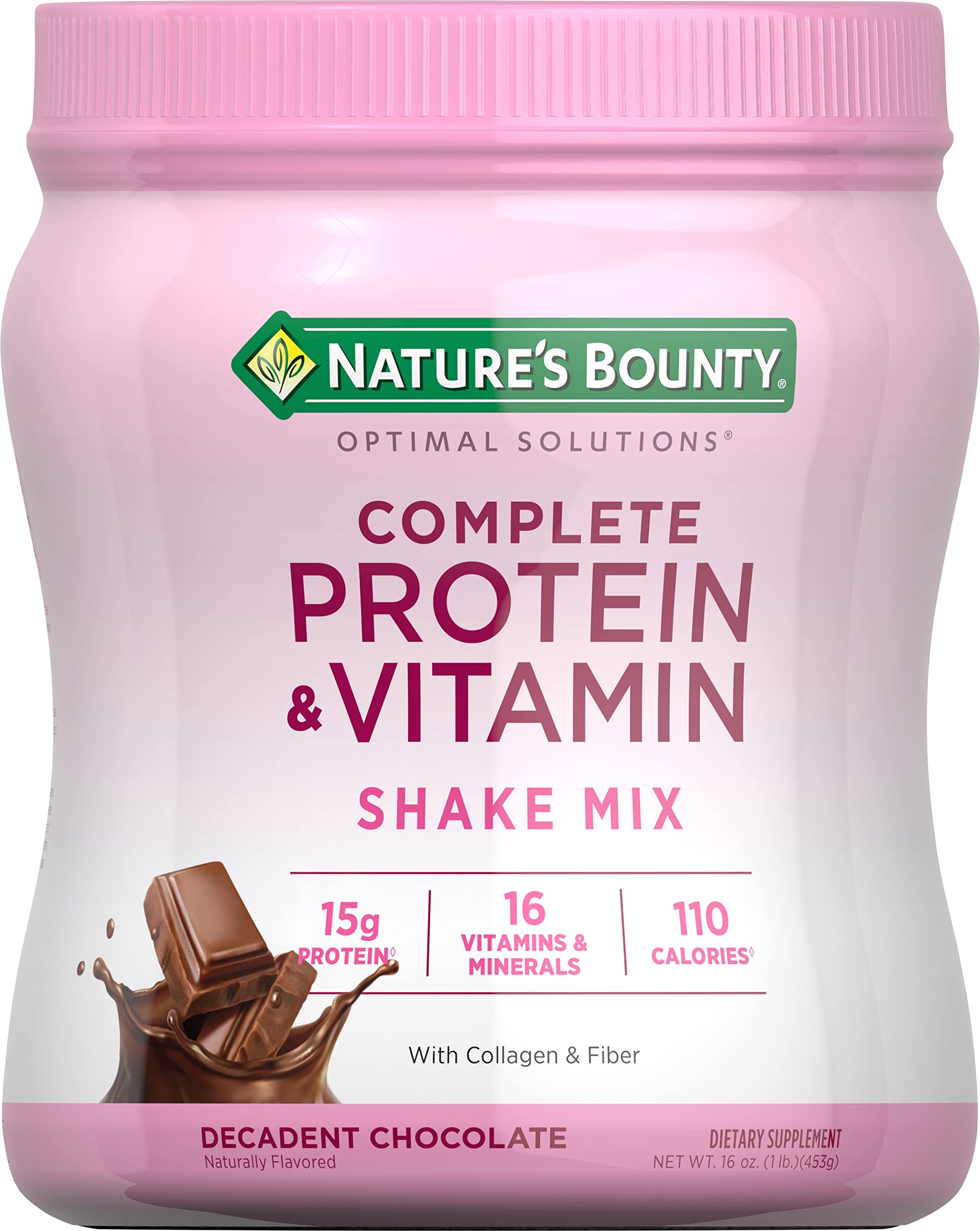 Nature's Bounty Complete Protein & Vitamin Shake Mix with Collagen & Fiber - Immune Support with Vitamin C | Rich Chocolate Flavor | 1 lb Powder for Weight Management & Post-Workout Recovery | Perfect for Smoothies, Meal Replacement & Healthy Lifestyle
