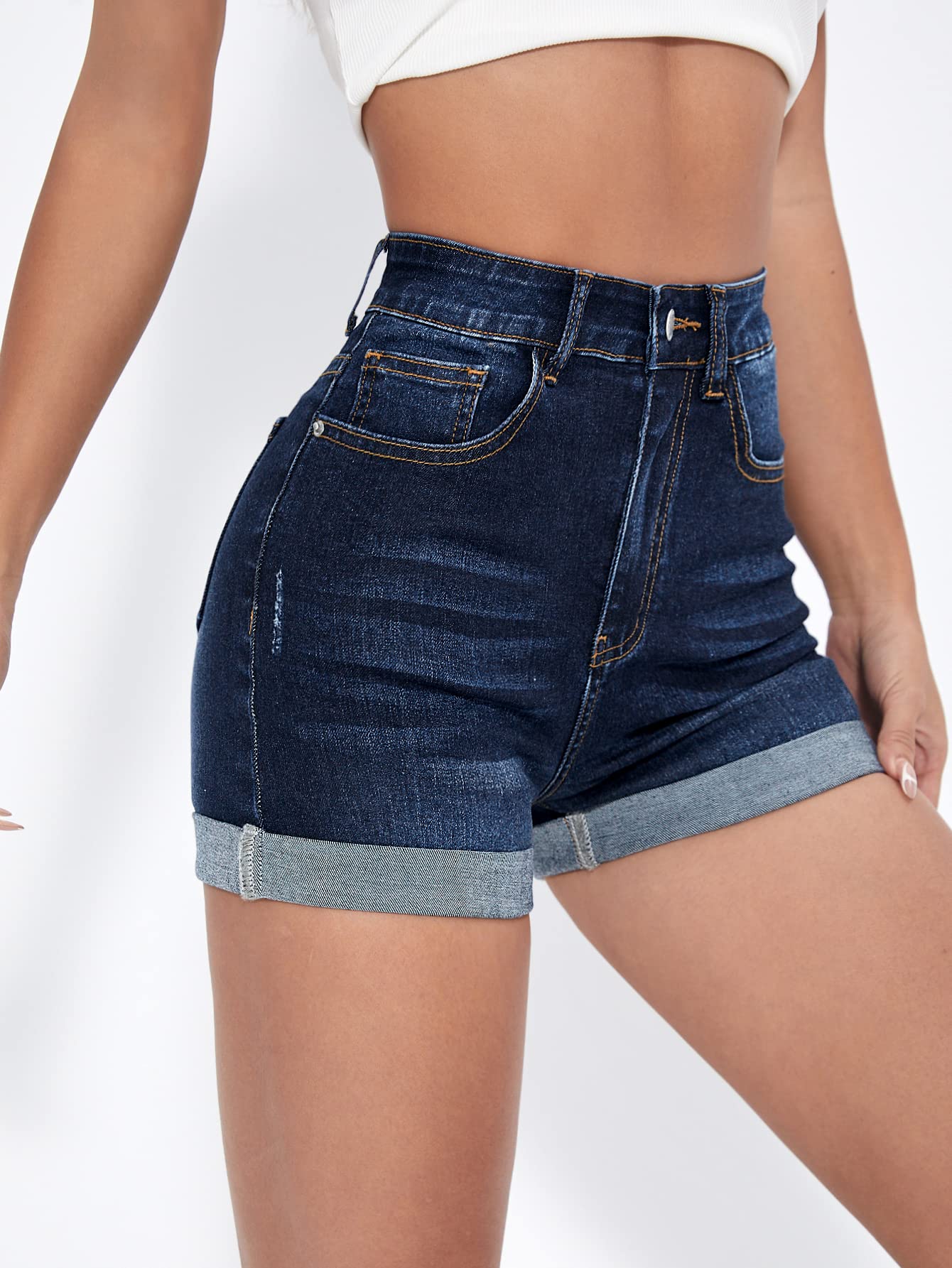 Floerns Women's Stretchy High Waisted Folded Hem Denim Shorts | Comfortable Distressed Denim Shorts for Women | Perfect for Summer, Beach, and Casual Outings