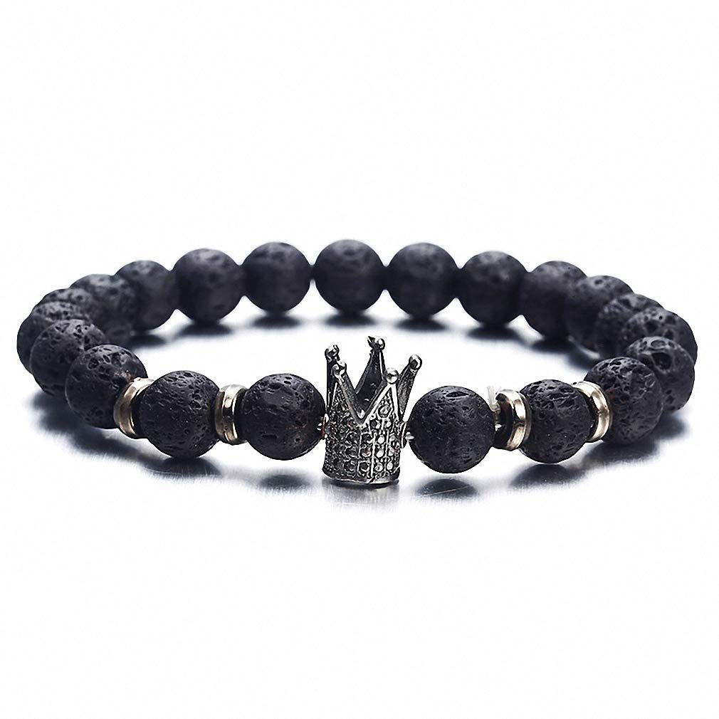 Lava Stone Pave Cz Imperial Crown and Helmet Charm Bracelet for Men - Stylish Adjustable Bangle with Cubic Zirconia - Perfect for Gifts, Parties, and Everyday Wear