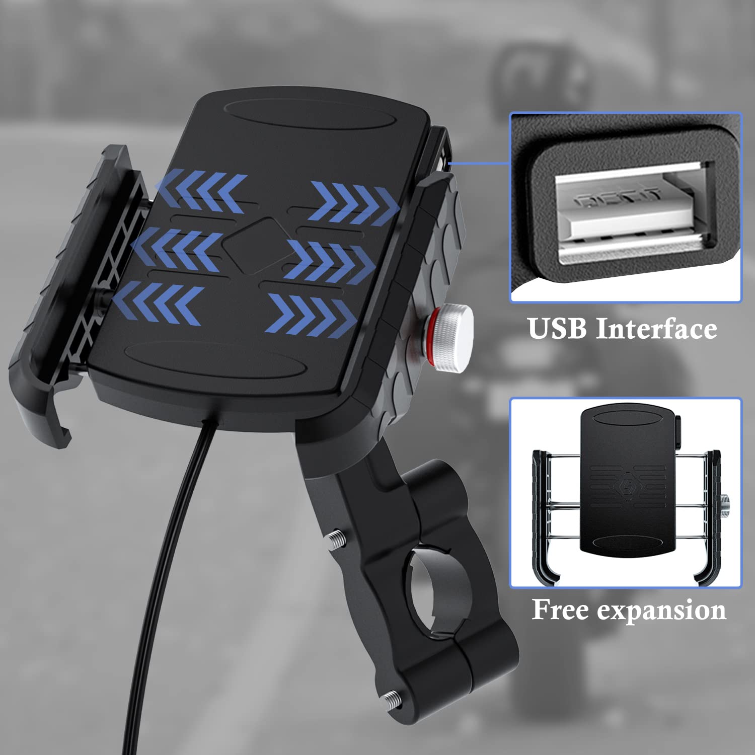 BATIGE 15W Qi Wireless Charger Motorcycle Phone Mount - Waterproof Aluminum Base with USB 2.0 Port & On/Off Switch for 12V/24V Vehicles - Perfect for Harley, Honda, Yamaha & Adventure Riding