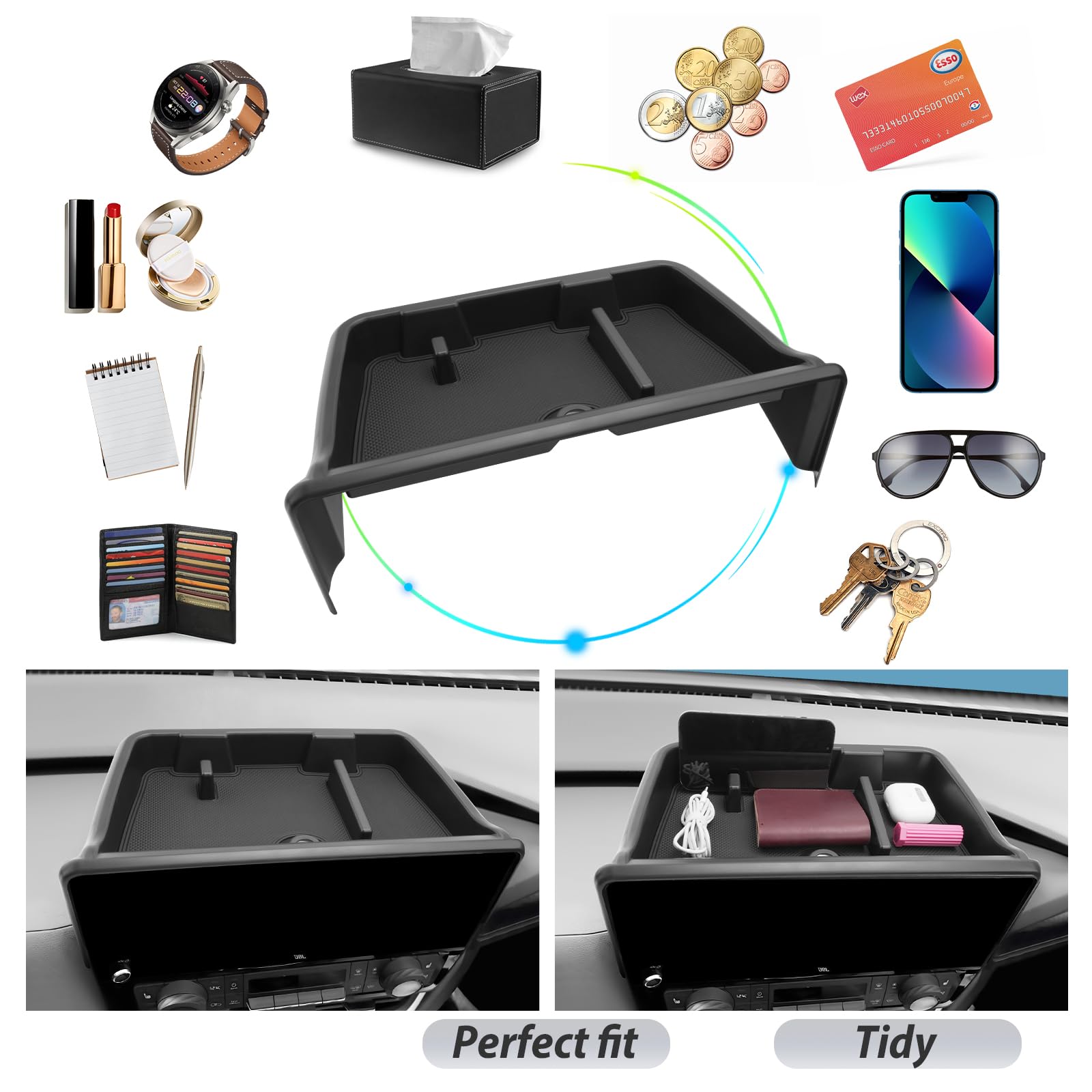 2024-2025 Toyota Grand Highlander Dashboard Organizer | Behind Screen Storage Tray with Sunglasses Holder | Perfect for Car Accessories Organization & Daily Commute