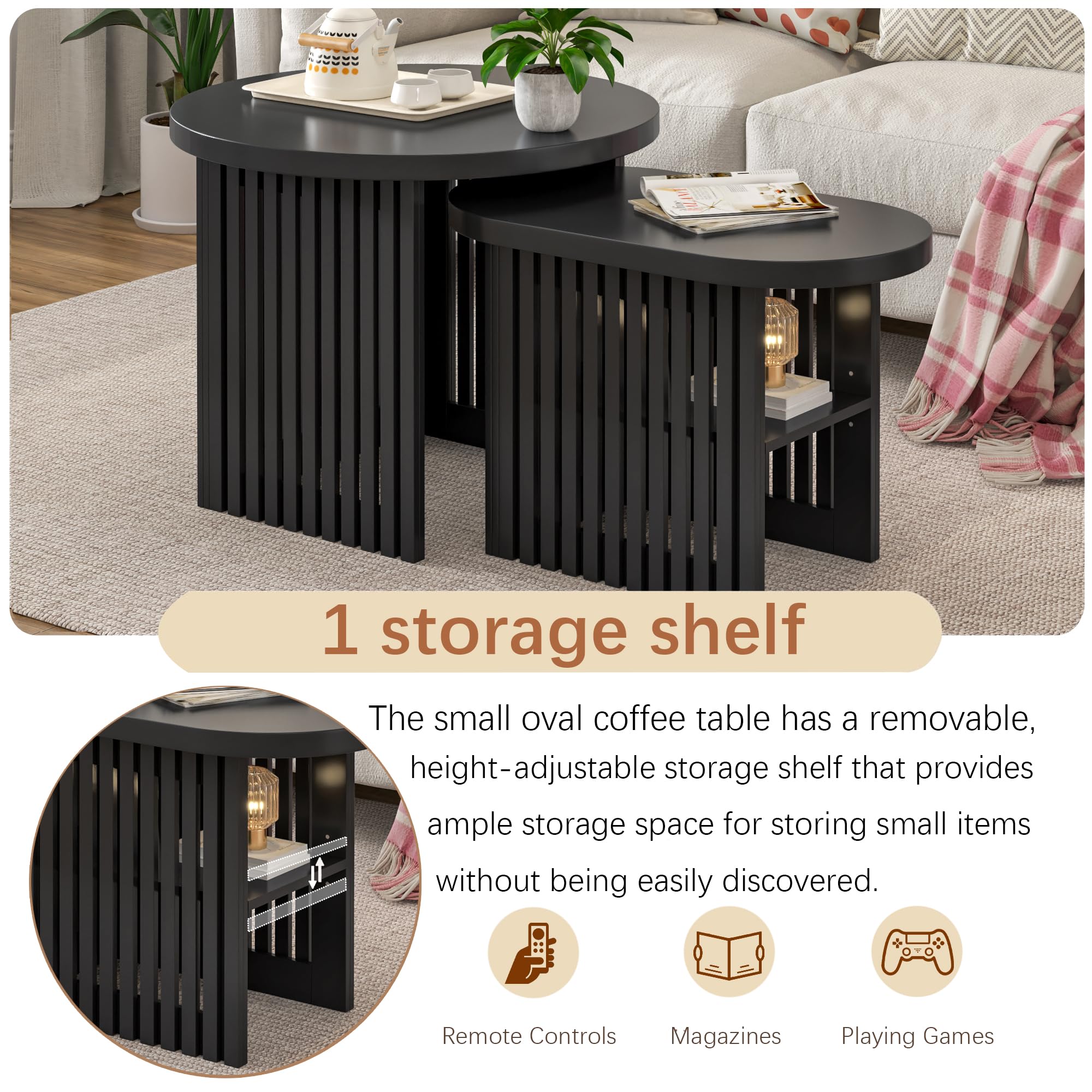 Modern Round Nesting Coffee Table Set of 2 with Storage Shelf & Fluted Panel - Black Wood Stacking Side Tables for Small Spaces - Perfect for Living Room, Bedroom & Apartment Decor