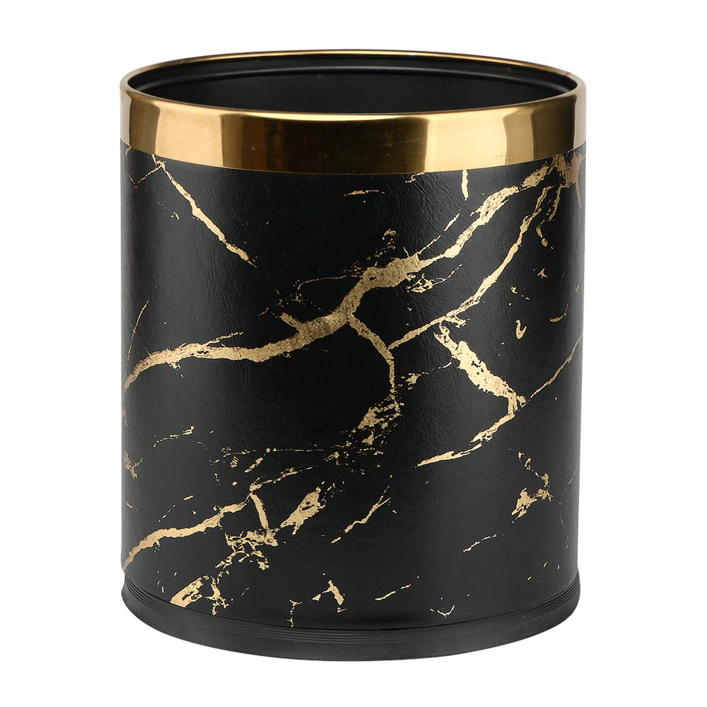 2.6 Gallon Small Office Trash Can with Lid - Black Gold Marble Bathroom & Bedroom Waste Basket - Invisible Garbage Bin for Living Room, Kitchen, Dorm - Odor Control & Space Saving Design