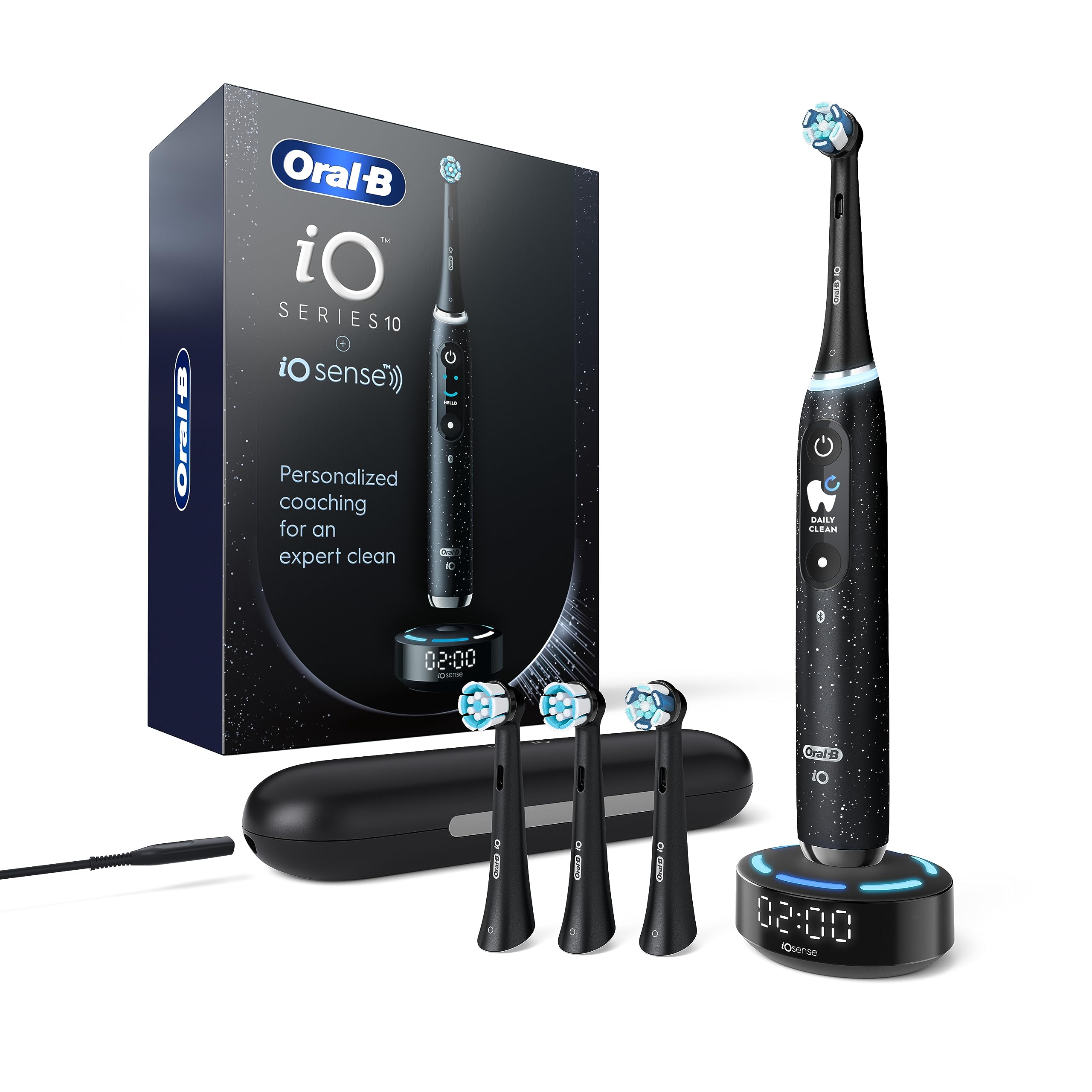 Oral-B iO Series 10 Electric Toothbrush - Smart Pressure Sensor, 7 Modes, 4 Brush Heads & Travel Case - Perfect for Home & Travel Dental Care (Black)
