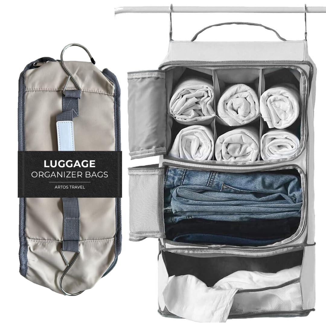 Artos Hanging Portable Luggage Organizer with Hooks - Travel Suitcase Storage for Carry-On, RV & Camping | Packing Cube for Clothes & Accessories | Space-Saving Grey Shelving Solution (Ideal for Business Trips, Vacations & Road Trips)