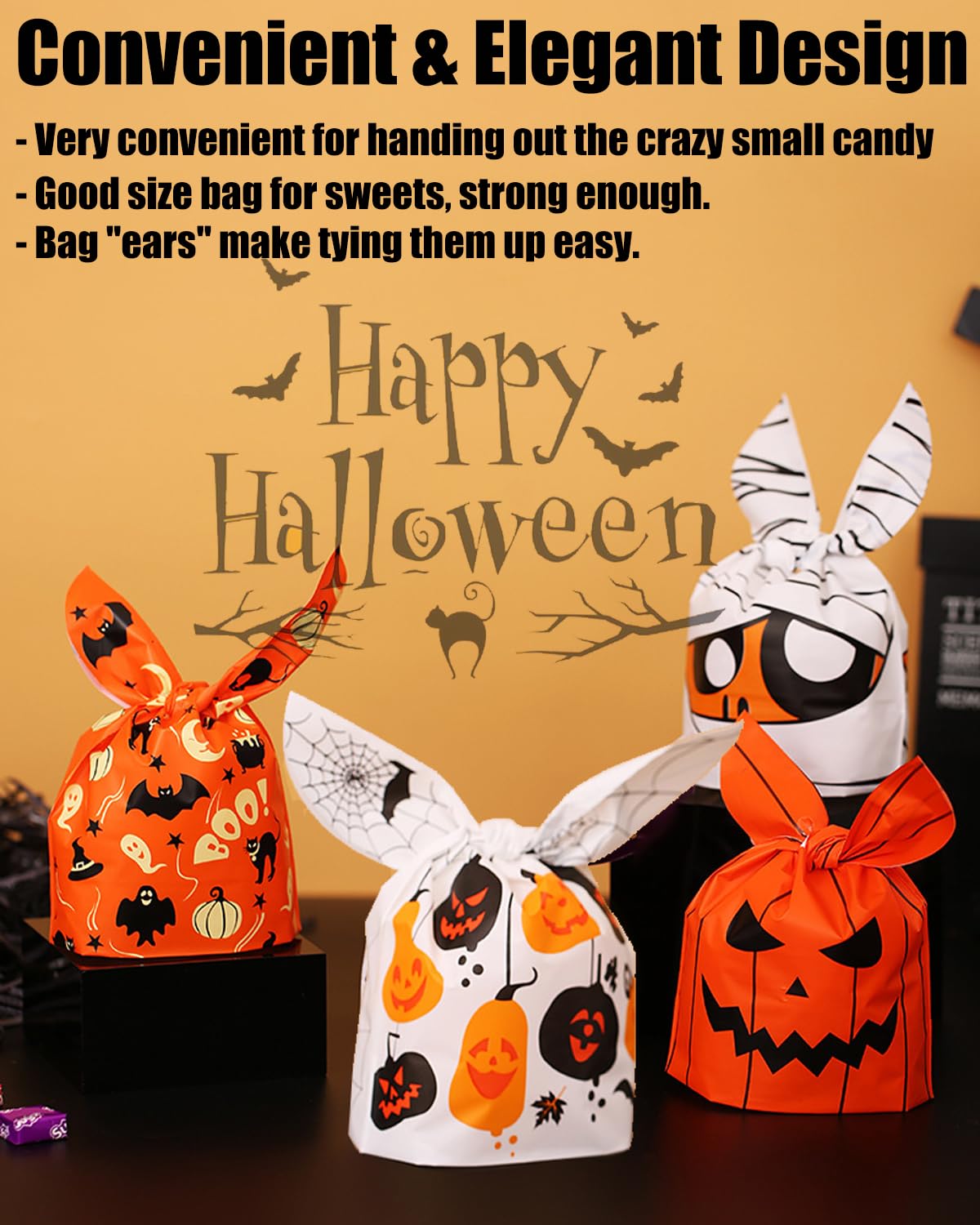 KOCOVIMI 100Pcs Halloween Trick or Treat Bags - 4 Style Cute Rabbit Ear Candy Bags for Kids Party Favors | Durable Halloween Goodie Bags for Trick-or-Treating, School Events & Halloween Parties