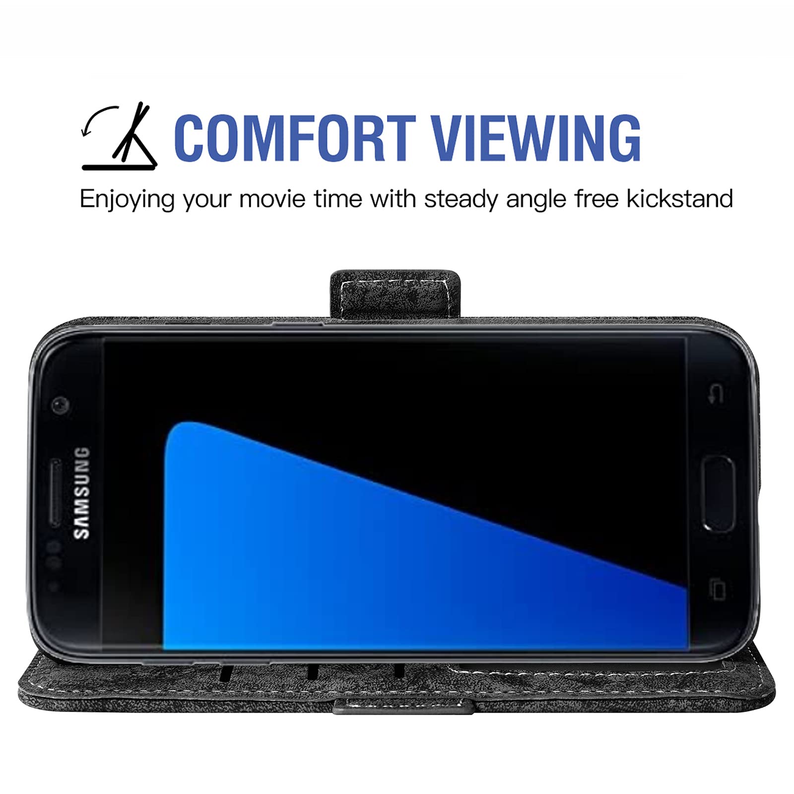 ASUWISH Wallet Case for Samsung Galaxy S7 Edge with Tempered Glass Screen Protector & Card Holder - Kickstand Phone Cover for Galaxy S7 Edge/S7 Plus/GS7 (Black) - Perfect for Business, Travel & Daily Use