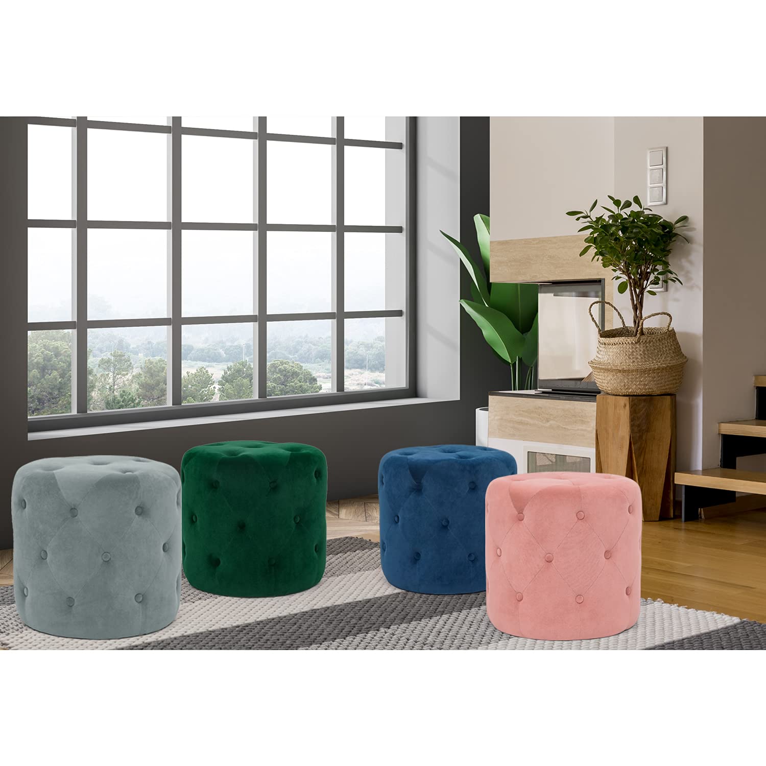 Homebeez Round Fabric Ottoman - 18.3