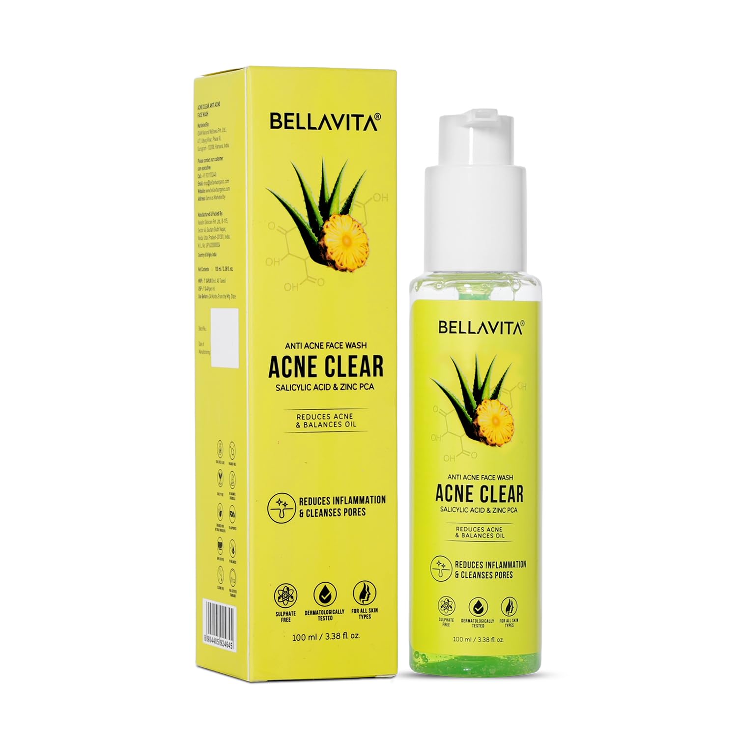 BELLAVITA Salicylic Acid & Niacinamide Anti-Acne Face Wash - 6 Powerful Actives for Acne Treatment | Sulfate & Paraben Free | Oily & Acne-Prone Skin Care | 100ml | Perfect for Daily Cleansing & Preventing Breakouts