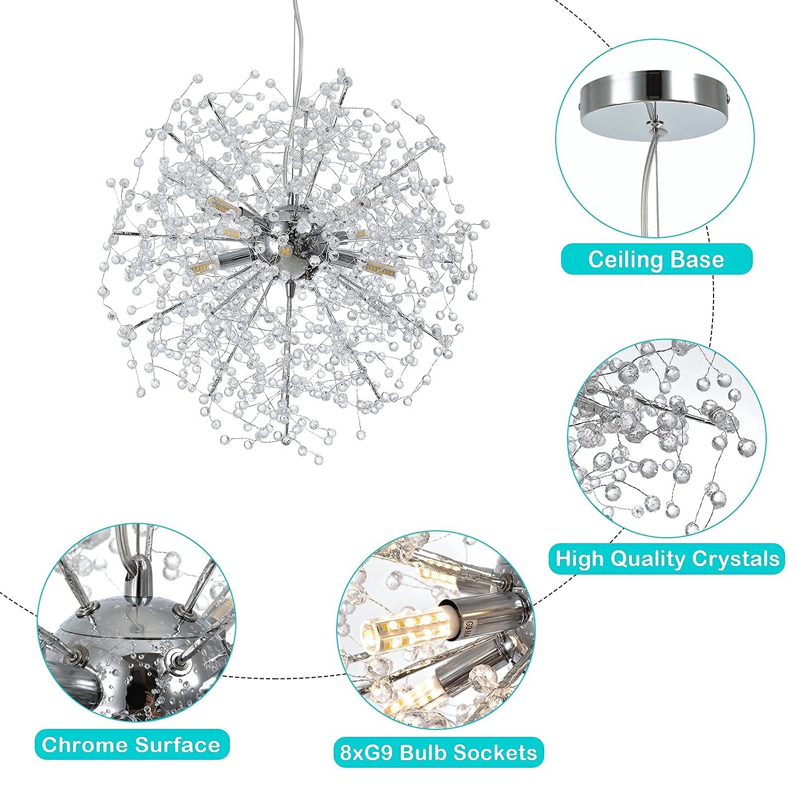 Modern Crystal Chandelier - Sputnik Firework LED Pendant Light Fixture for Bedroom, Kitchen Island, Dining Room & Hallway | Elegant Ceiling Lighting for Home Decor & Entryway