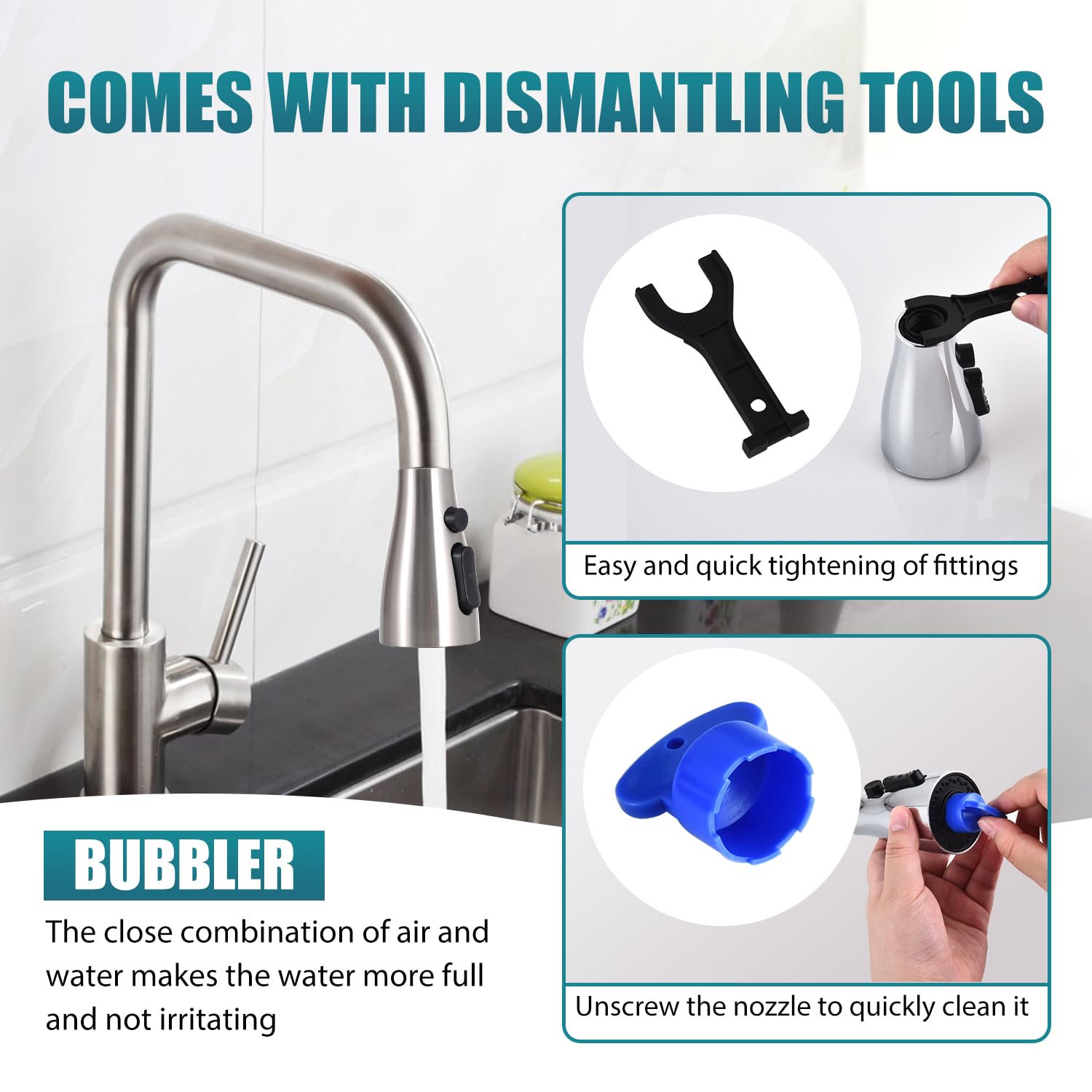 4 Function Kitchen Sink Faucet Replacement Nozzle with 11 Adapters - Durable, Efficient, Easy to Install, Nickel Finish for Multiple Faucets - Perfect for Home Kitchen Upgrades and Repairs