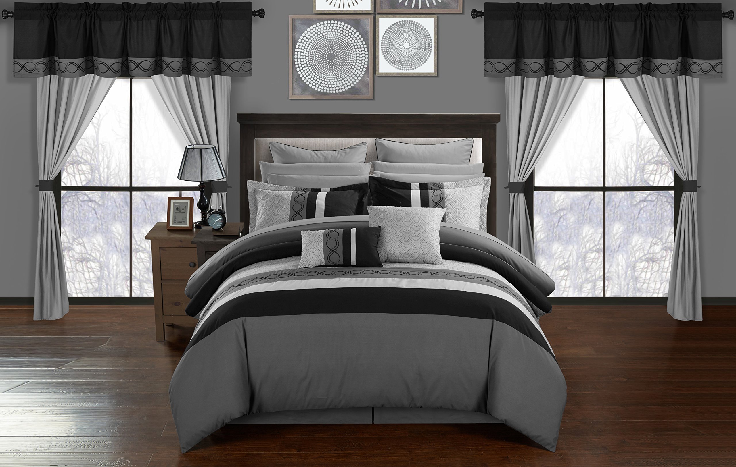 Chic Home Idit Comforter Set - Color Block Embroidered Design, Complete Bedding Set with Sheets, Bed Skirt, Decorative Pillows, Shams & Curtains - Queen Size, Grey - Perfect for Master Bedroom, Guest Room & Cozy Home Decor