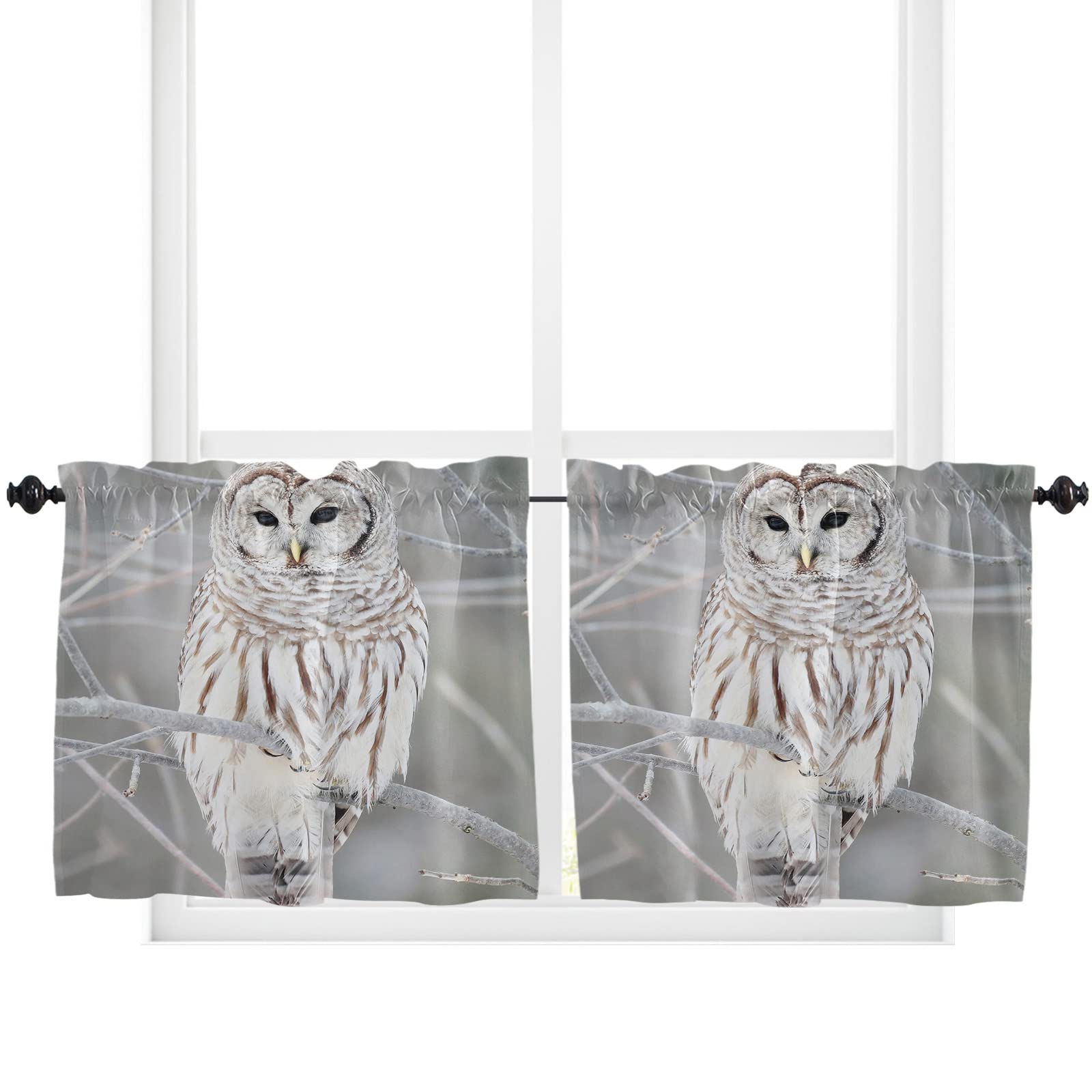 Winter Animal Print Curtains 27.5 x 36 Inches - Wide Pocket Kitchen & Bedroom Window Treatments with Owl Branch Design for French Doors, Patio & Half Windows | Cozy Home Decor for Winter Season