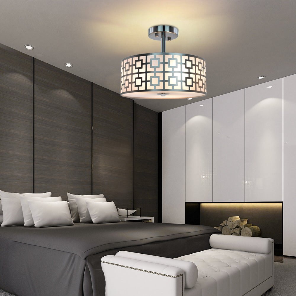 Stylish Semi Flush Mount Ceiling Light Fixture - 3 Bulb Iron Drum Pendant Chandelier in Chrome Finish for Bedroom, Hallway, Kitchen, Living & Dining Room | Modern Home Lighting for Entryway, Foyer & Interior Decor