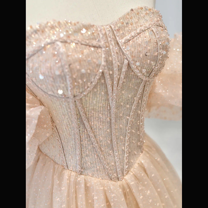 Elegant Champagne Pink Sparkly A-Line Long Prom Dress with Bling - Perfect for Evening Gala, Homecoming, and Formal Events