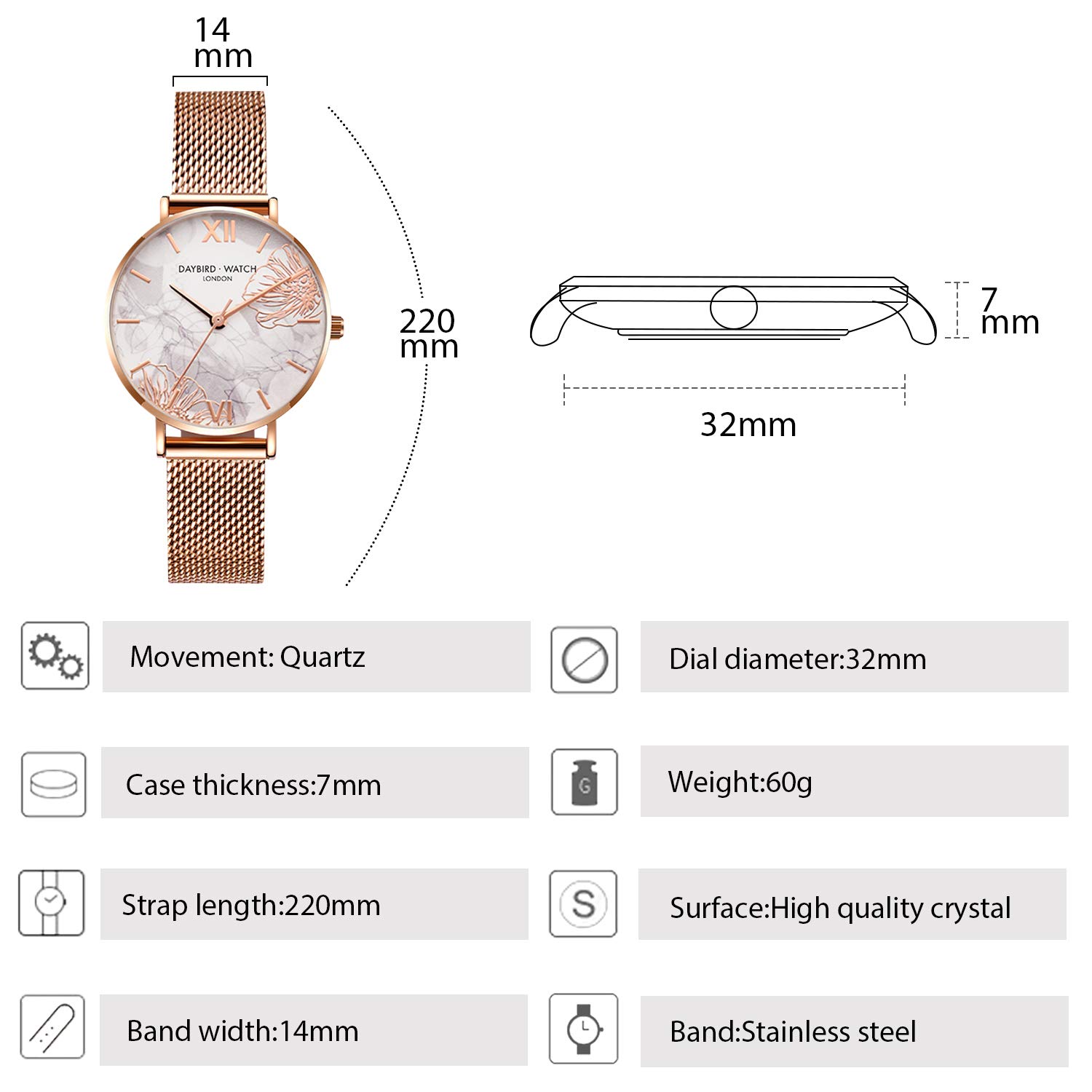 RORIOS Women's Watch - Flower Dial Stainless Steel Mesh for Everyday Elegance