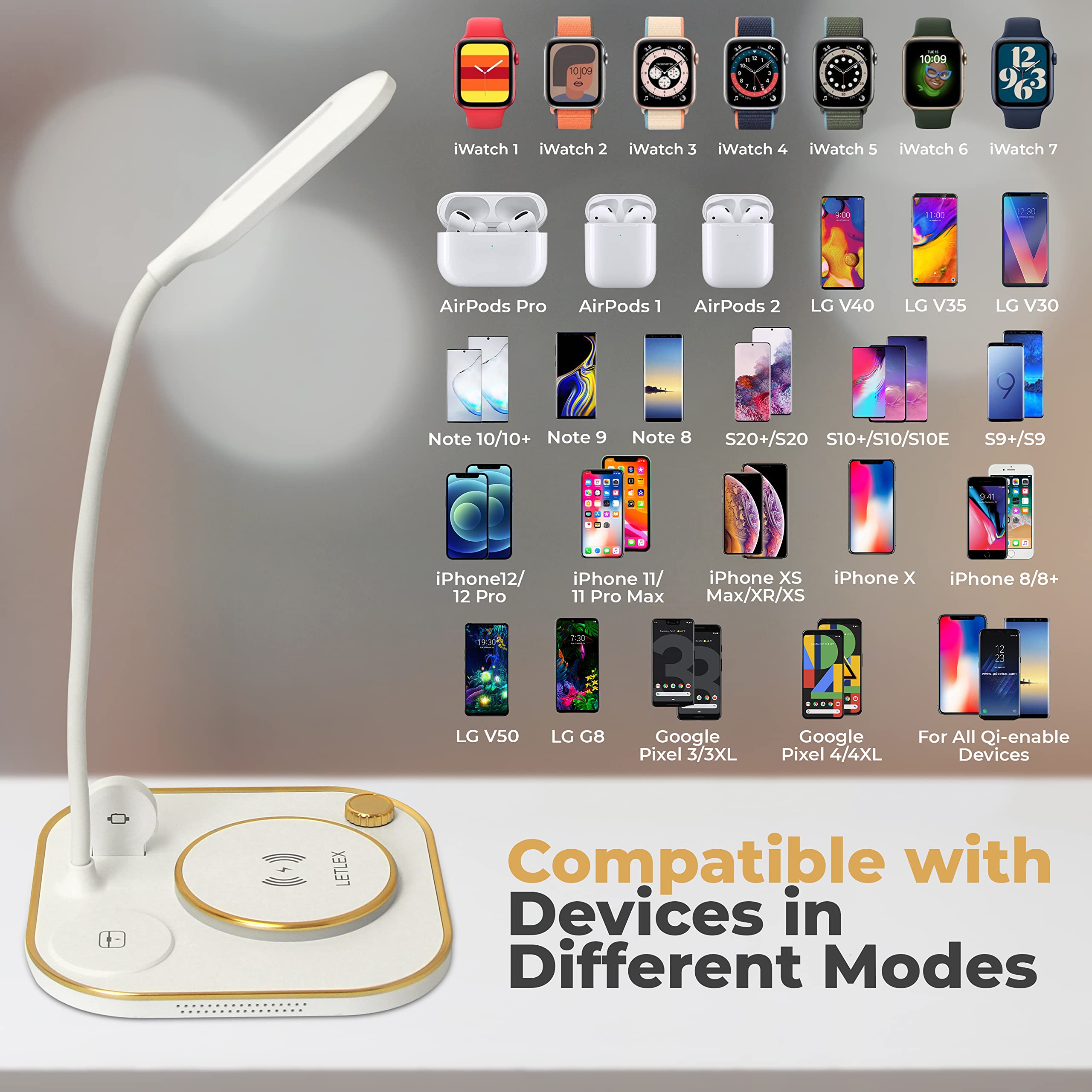 3-in-1 LED Desk Lamp with 15W Qi Wireless Fast Charger for Smartphone, Smartwatch & Earphones - 360° Adjustable Lamp Hose for Home Office, Study & Bedroom