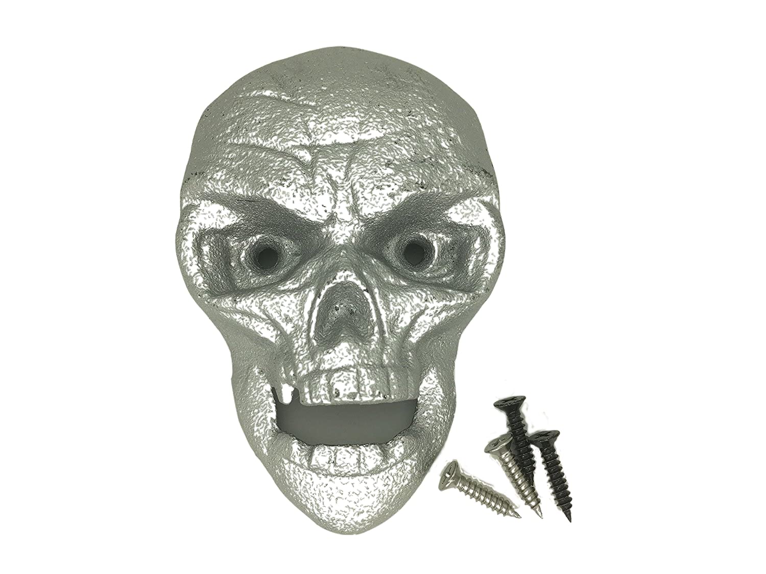 SWONVI Cast Iron Wall Mount Grizzly Black Skull Bottle Opener with Teeth - Vintage Style Silver Skull Beer Bottle Opener for Home Bar, Man Cave, and Outdoor Parties