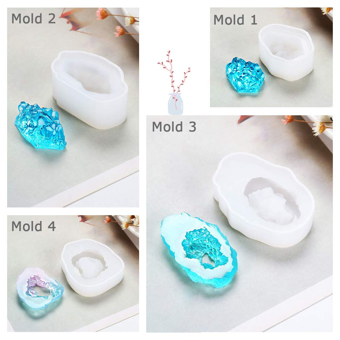 FineInno 4PCS Crystal Cluster Resin Molds - Small Quartz Silicone Molds for Epoxy Resin Casting, DIY Jewelry Making, Pendant Craft - Perfect for Home Decor, Gift Making & Geode Art Projects
