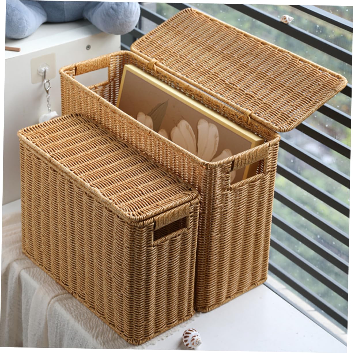 Narrow Tall Storage Bin with Lid - Woven Rattan Magazine Basket for Home Office Organization | Perfect for Books, Files, and Office Supplies
