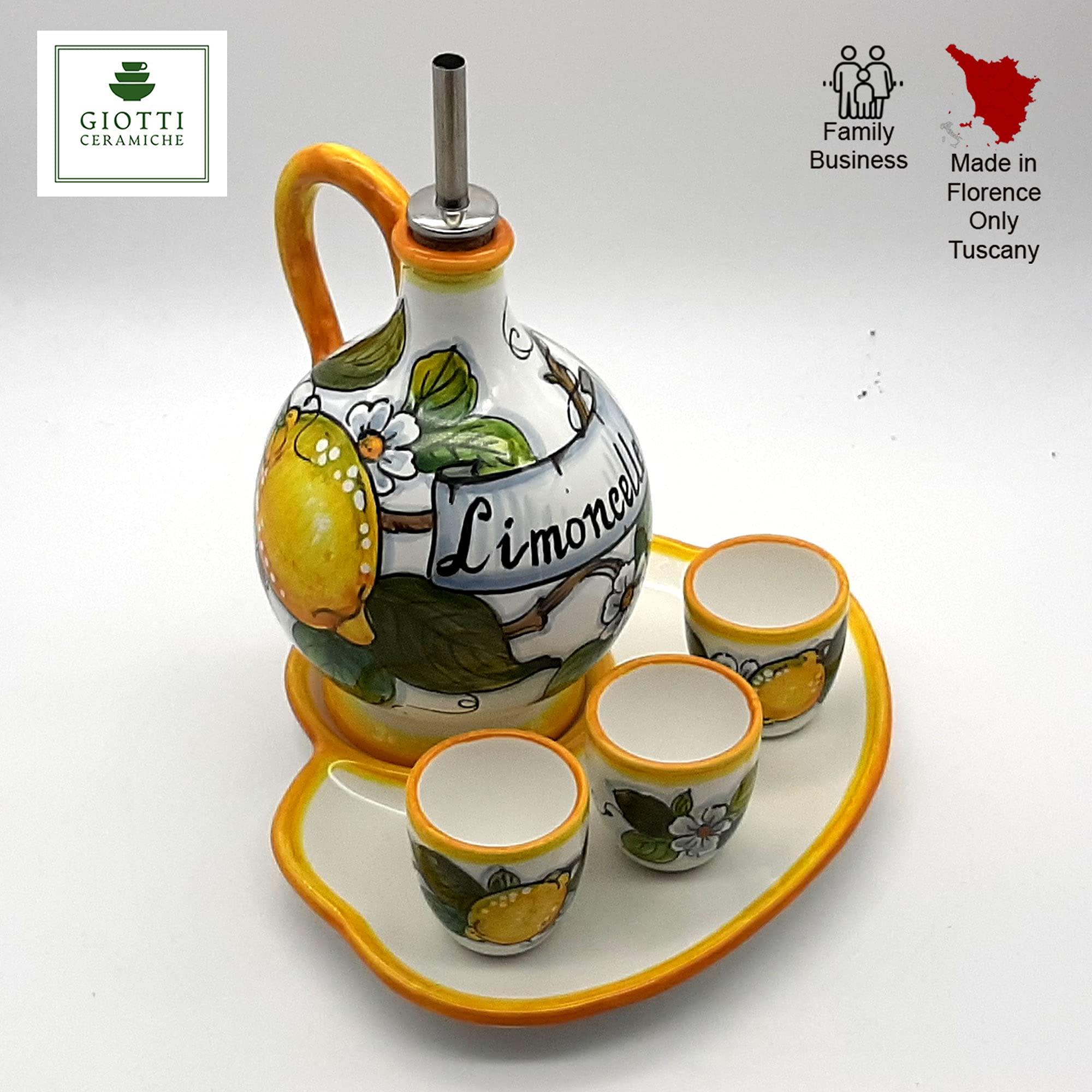 Italian Hand-Painted Limoncello Ceramic Set - 6 Shot Glasses & Tray with Lemon Design - Tuscan Kitchen Barware for Entertaining - Authentic Italy-Made Home Decor for Cocktail Parties & Gifts