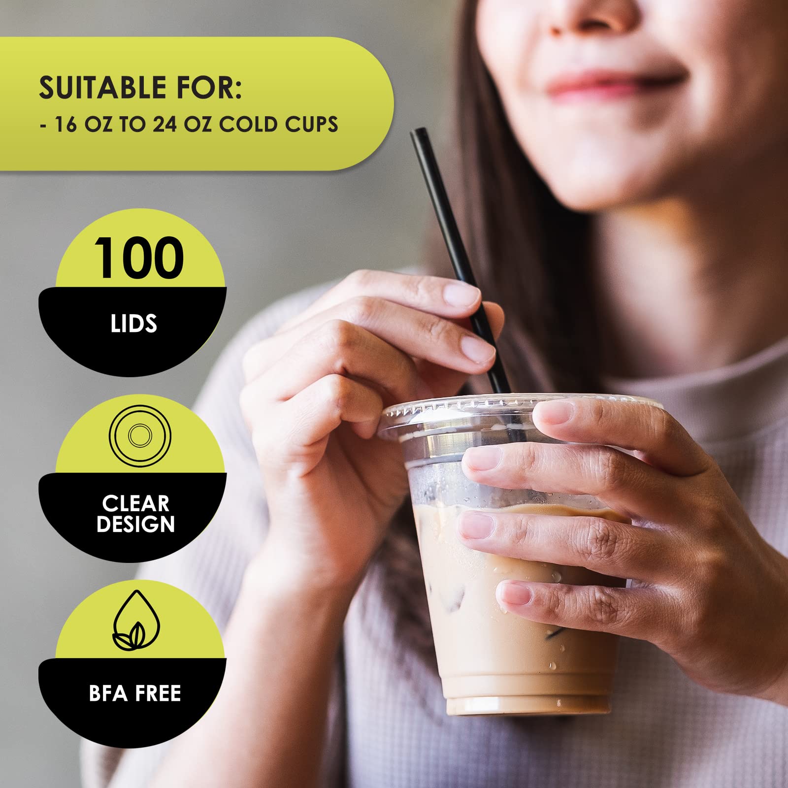 PAMI 100-Pack Disposable Flat Slot Lids for 16-24 Oz Plastic Cups | BPA-Free, Leakproof with Straw Hole | Perfect for Cold Drinks, Smoothies & Iced Coffee at Parties, Cafes & Takeout