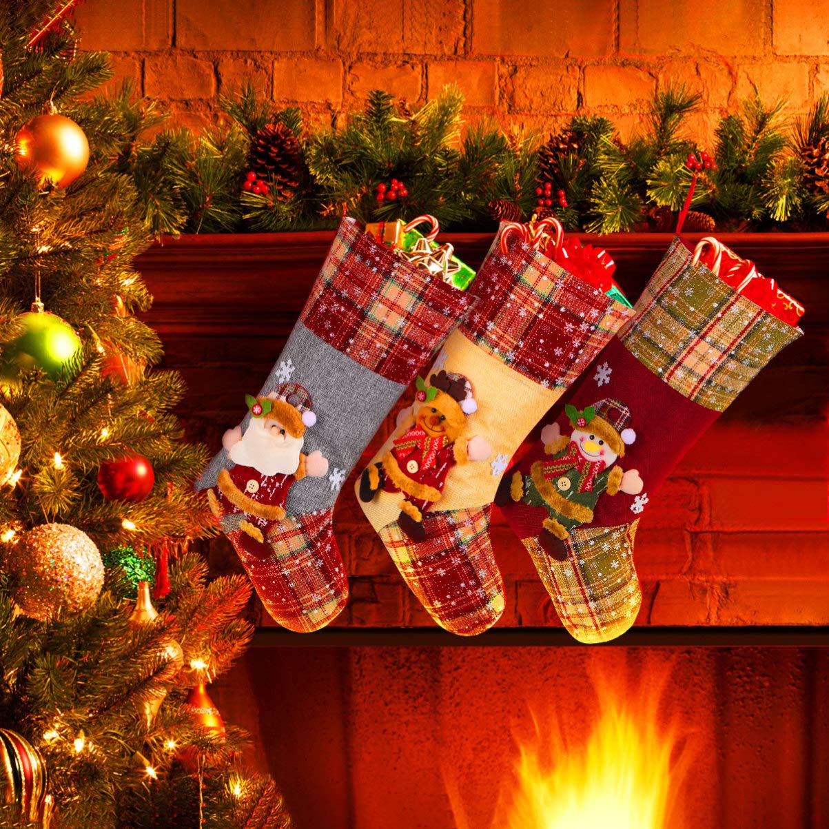 Festive Christmas Stockings Set of 3 - Santa, Snowman & Reindeer Holiday Decor (18