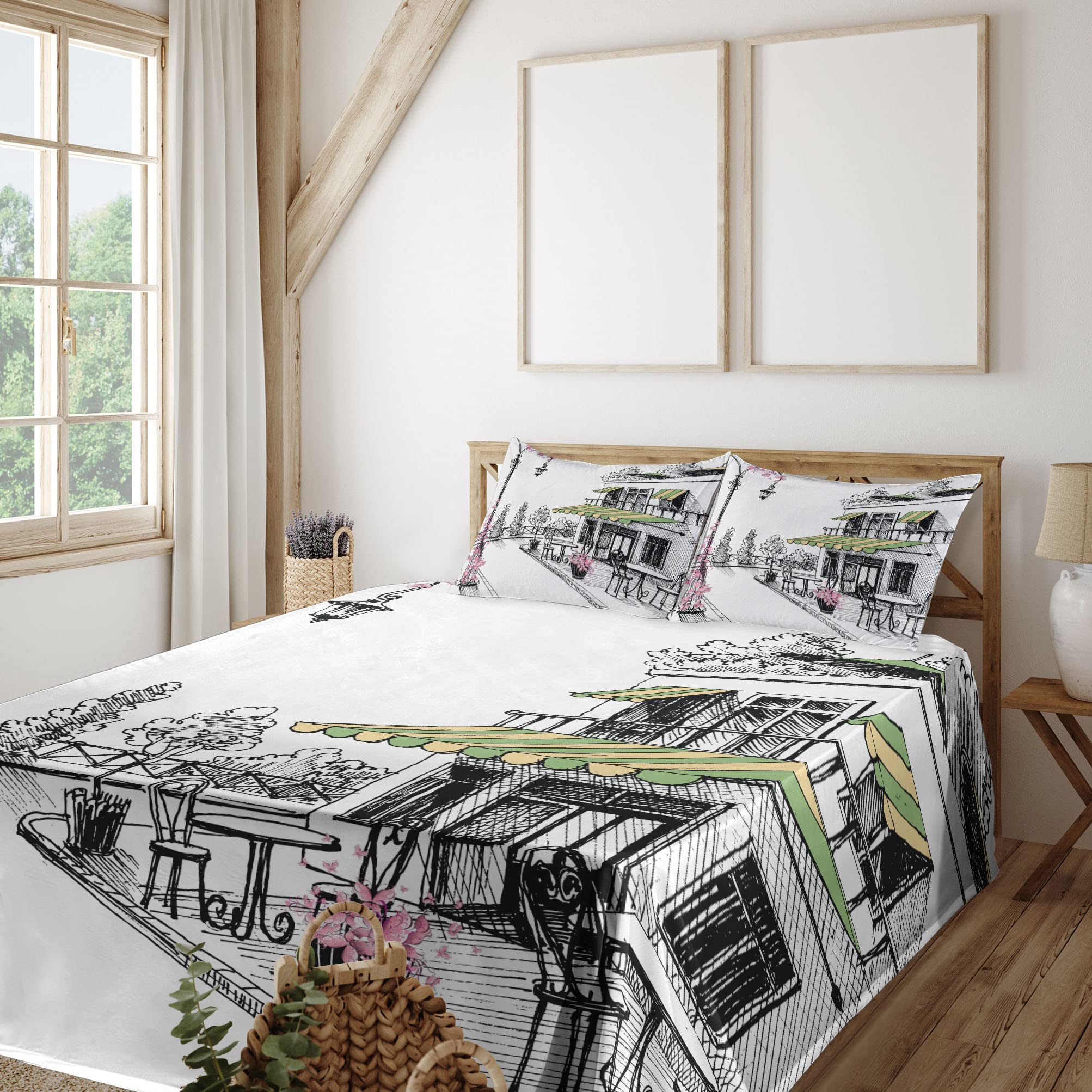 Ambesonne Parisian Patio Sketch 4-Piece King Sheet Set - Charcoal Grey & White Digital Illustration Bedding with Fitted Sheet, Flat Sheet & Pillowcases | Perfect for Guest Rooms, Master Bedrooms & Bohemian Home Decor