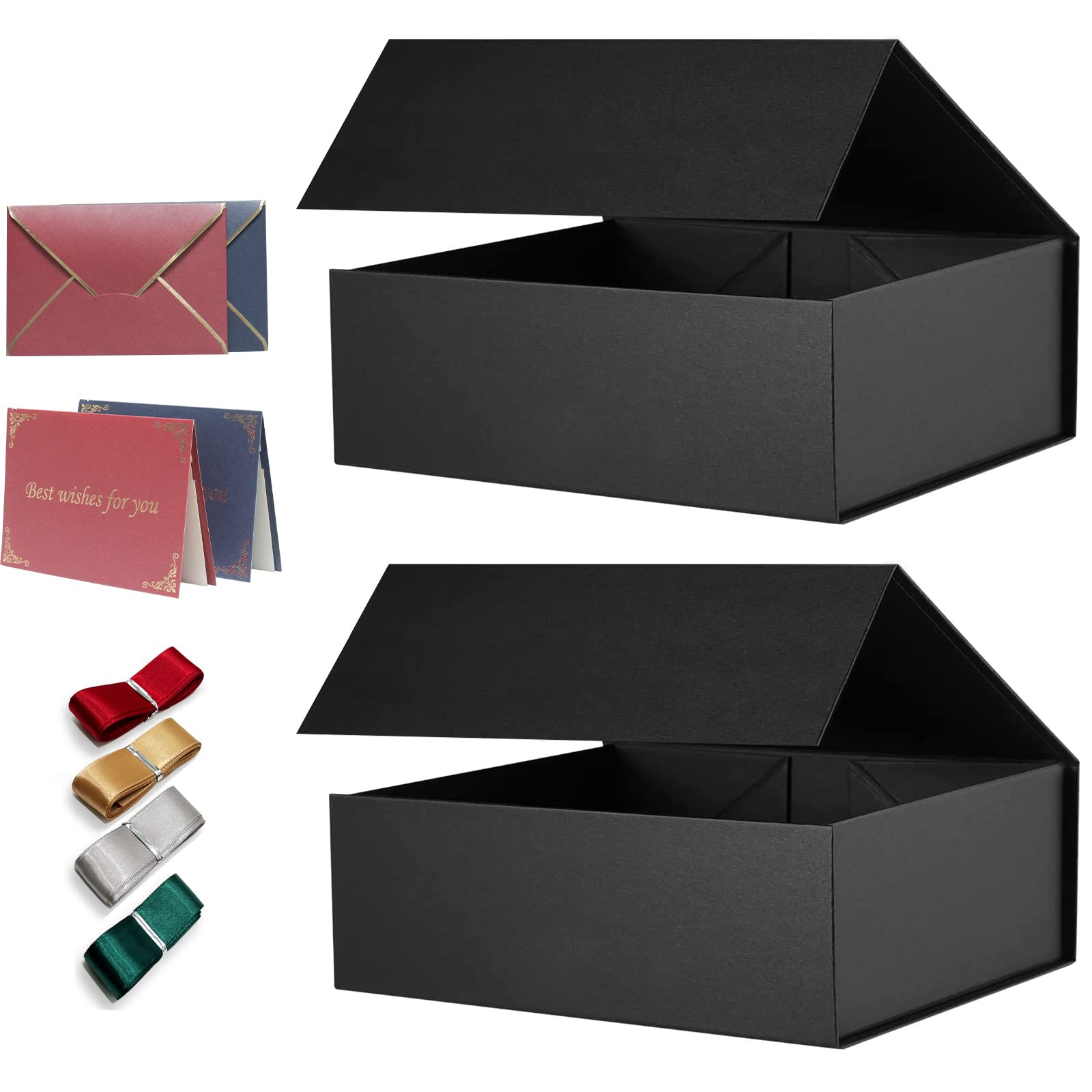 2 Pack Black Gift Boxes with Lids - Includes Card, Ribbon & Filler for Present Packaging | Birthday, Wedding Gifts