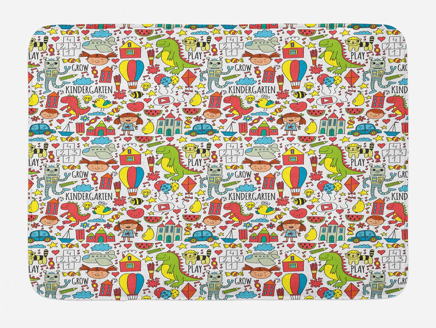 Ambesonne Non-Slip Cartoon Bath Mat - Dinosaur Watermelon Robot Kids Bathroom Rug, Soft Plush Decor for Kindergarten, Girls Room, 29.5