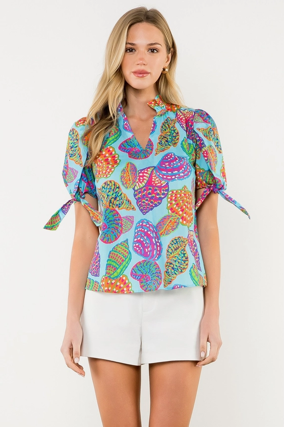 Elegant Shell Print Blouse with Tie Sleeves - Women's Fashion Tops for Office, Party & Casual Wear