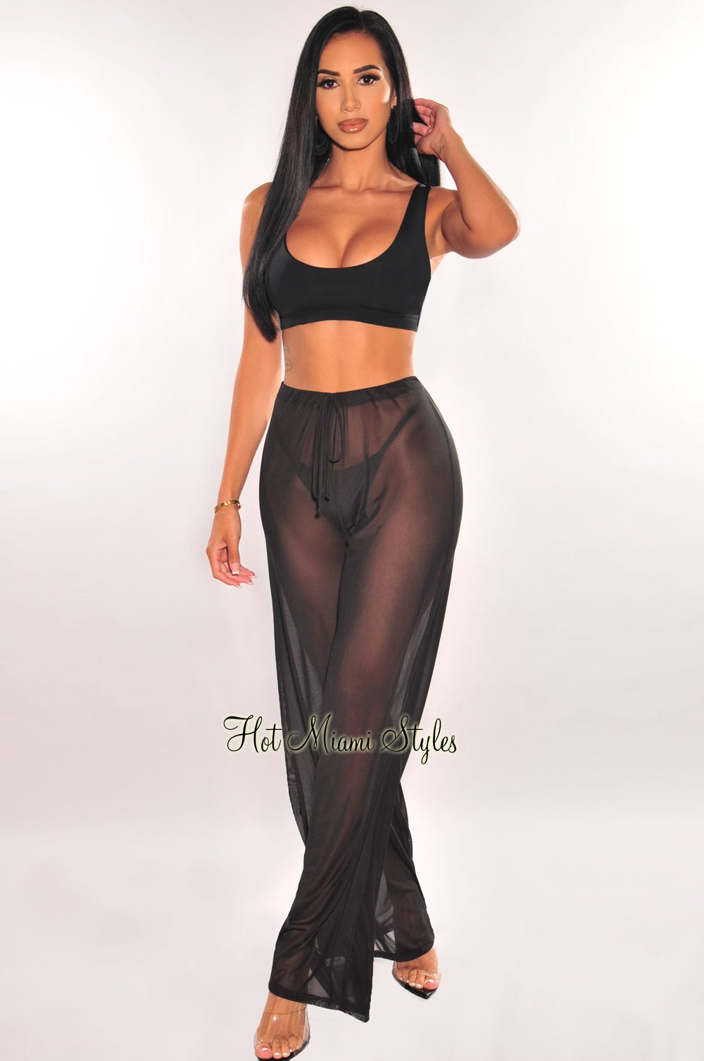 Black Mesh Drawstring Palazzo Cover Up Pants - Lightweight Beachwear for Women, Summer Vacation, Poolside Lounging & Resort Wear