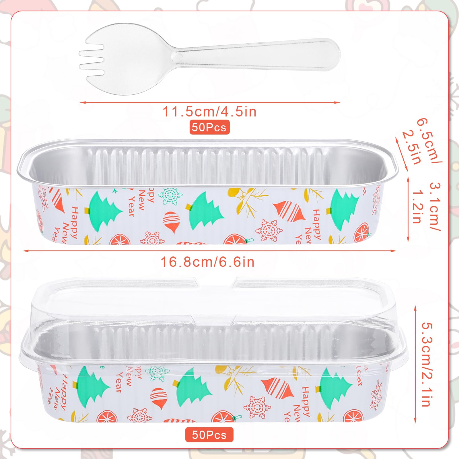 50-Pack 6.8Oz Disposable Aluminum Foil Mini Loaf Pans with Lids & Spoons - Christmas Mini Cake Pans, Individual Dessert Containers for Baking, Party, Picnic, Holiday Treats & Gift Giving