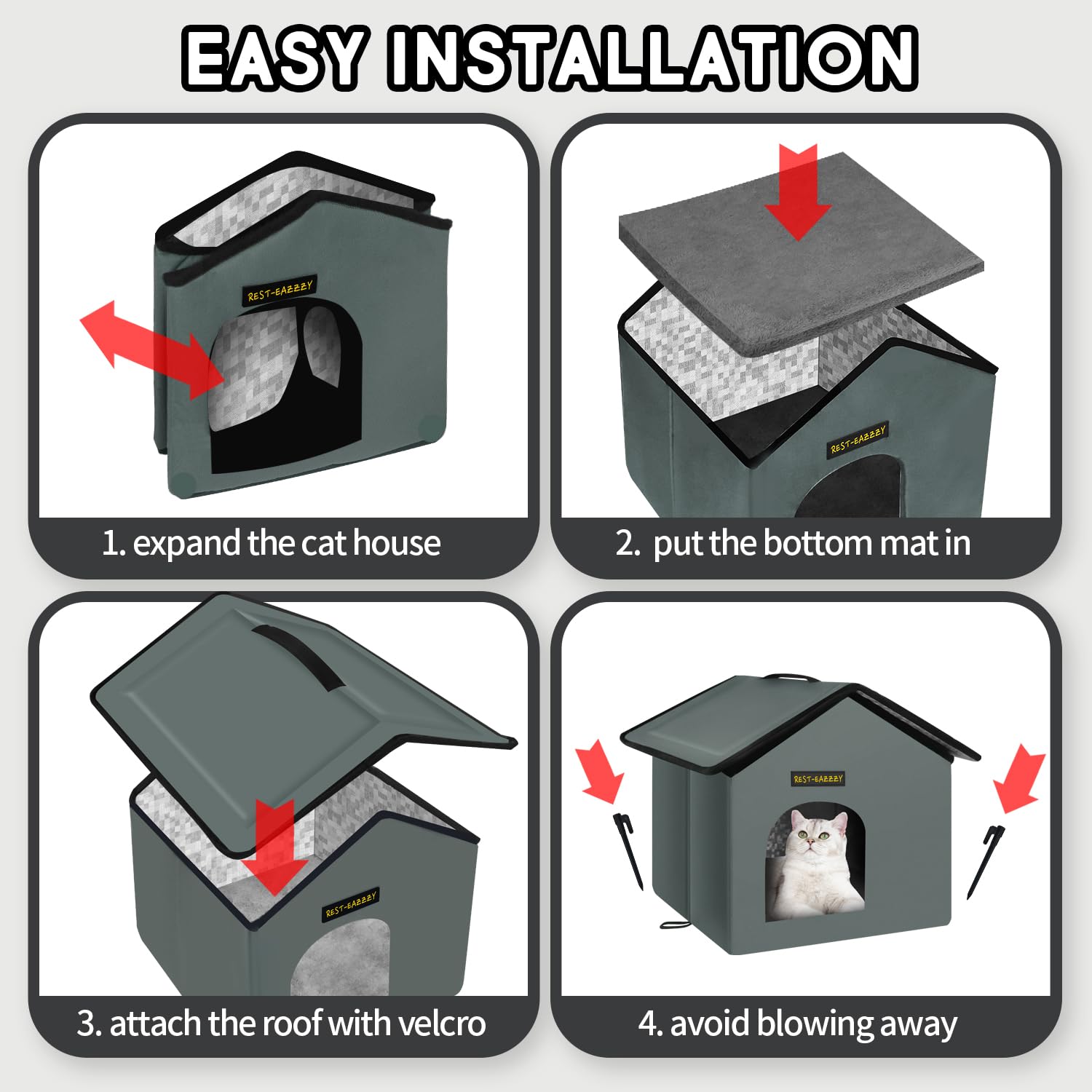 **Weatherproof Insulated Outdoor Cat House - Self-Warming Winter Shelter for Feral Cats with Mat & Clip, Easy Assembly (Grey, Waterproof, Size S) - Perfect for Backyards, Porches & Cold Weather Protection**