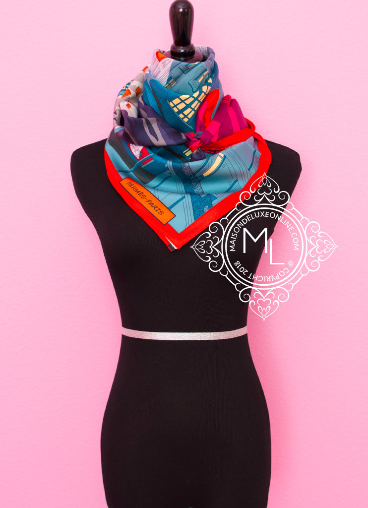 Authentic Hermes Green & Blue Twill Silk 90cm Scarf - Space Shopping au Faubourg Design | Luxury Fashion Accessory for Women, Perfect for Gifts, Parties & Everyday Elegance