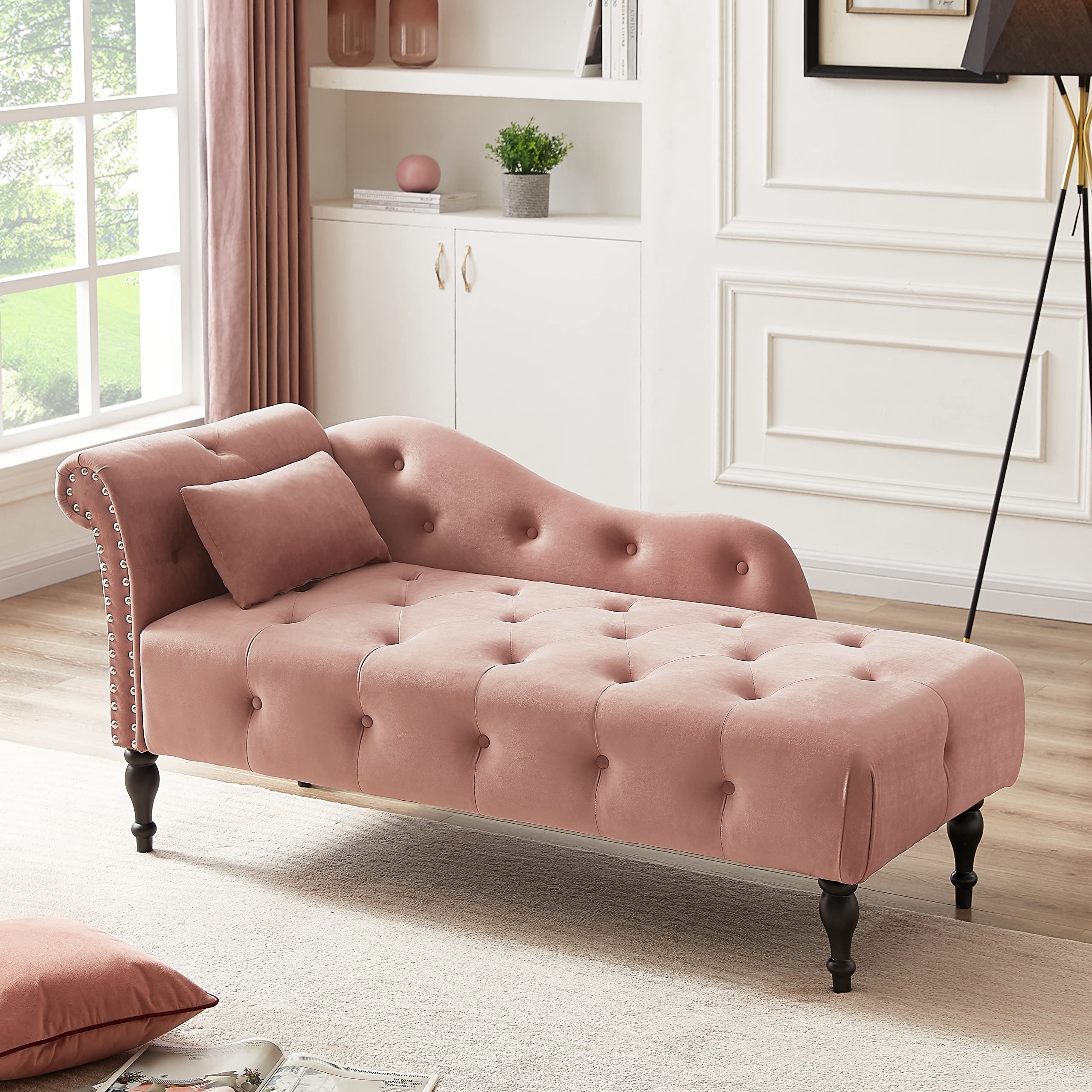 Luxury Velvet Roll Arm Chaise Lounge Chair with Button Tufting & Nailhead Trim - Right Arm Facing Upholstered Sofa for Living Room, Bedroom & Office - Ash Rose Velvet Accent Chair | Perfect for Relaxing, Reading & Home Decor